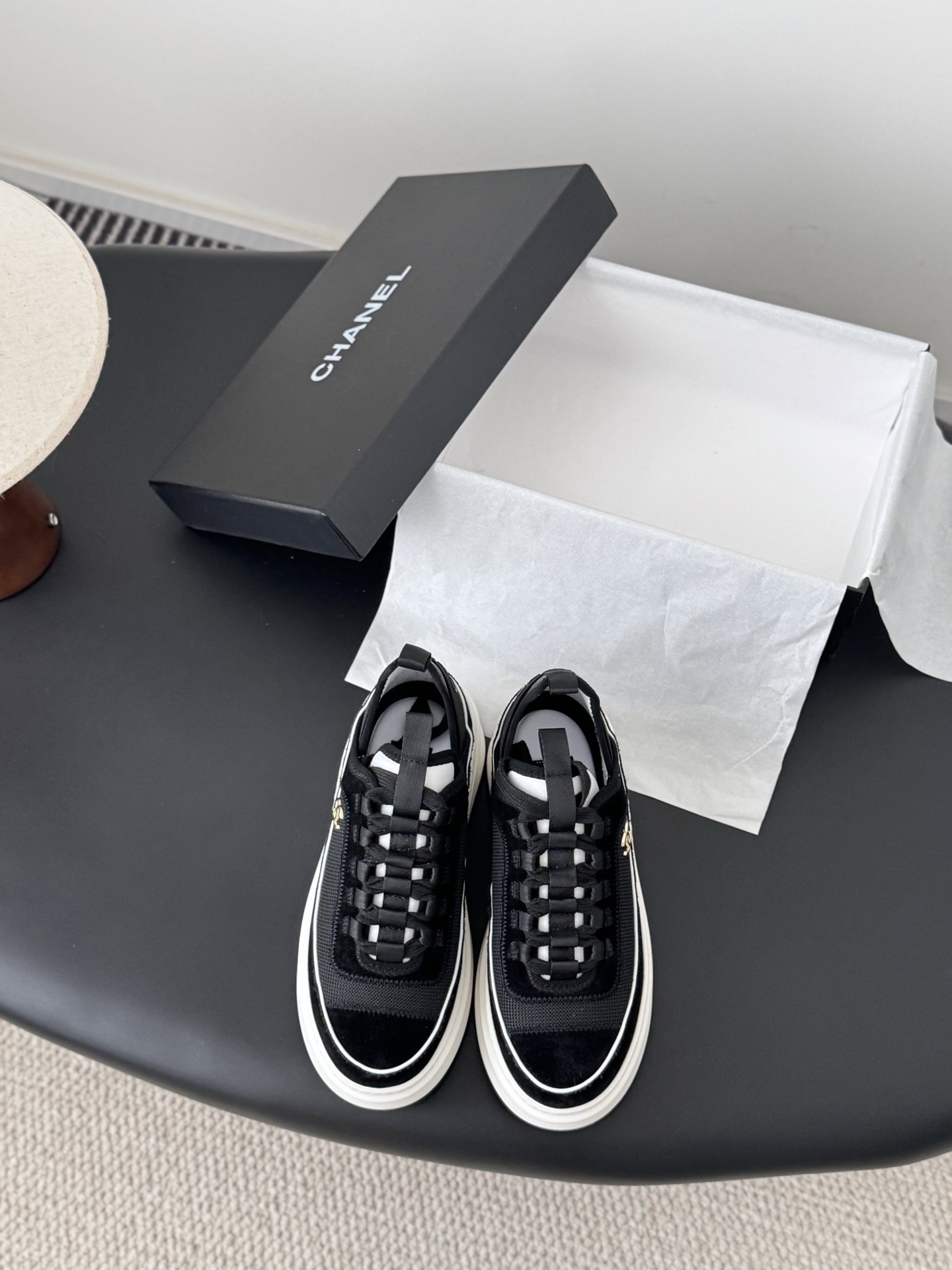 Chanel Black and White Platform Sneakers with Gold CC Logo