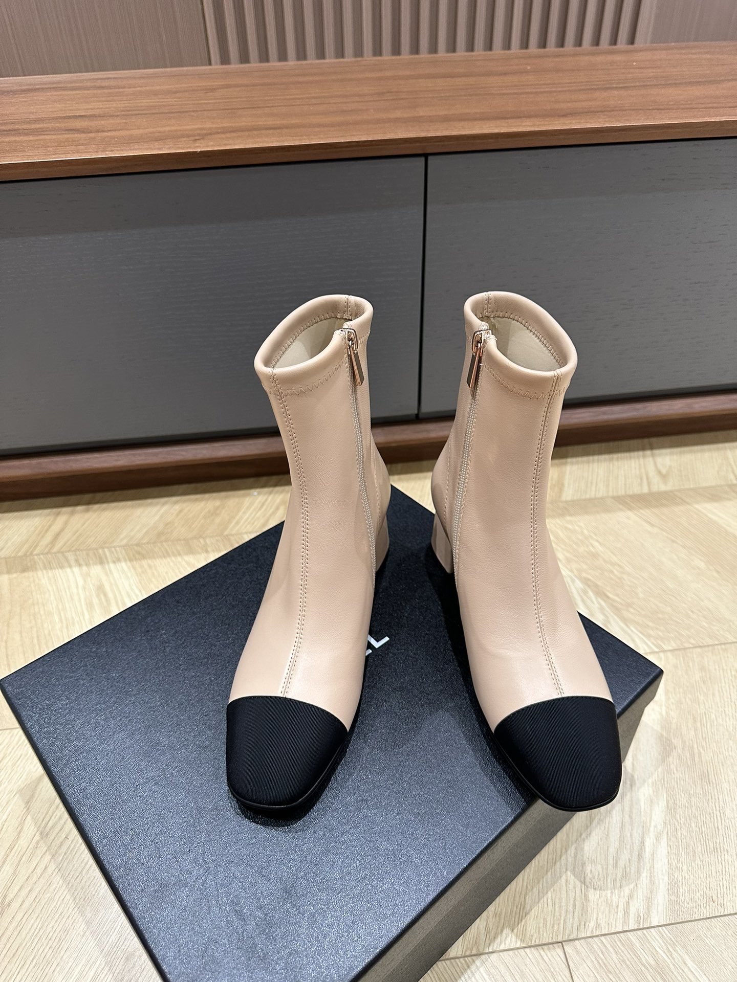 Premium Beige Leather Ankle Boots with Black Toe Cap & Block Heel