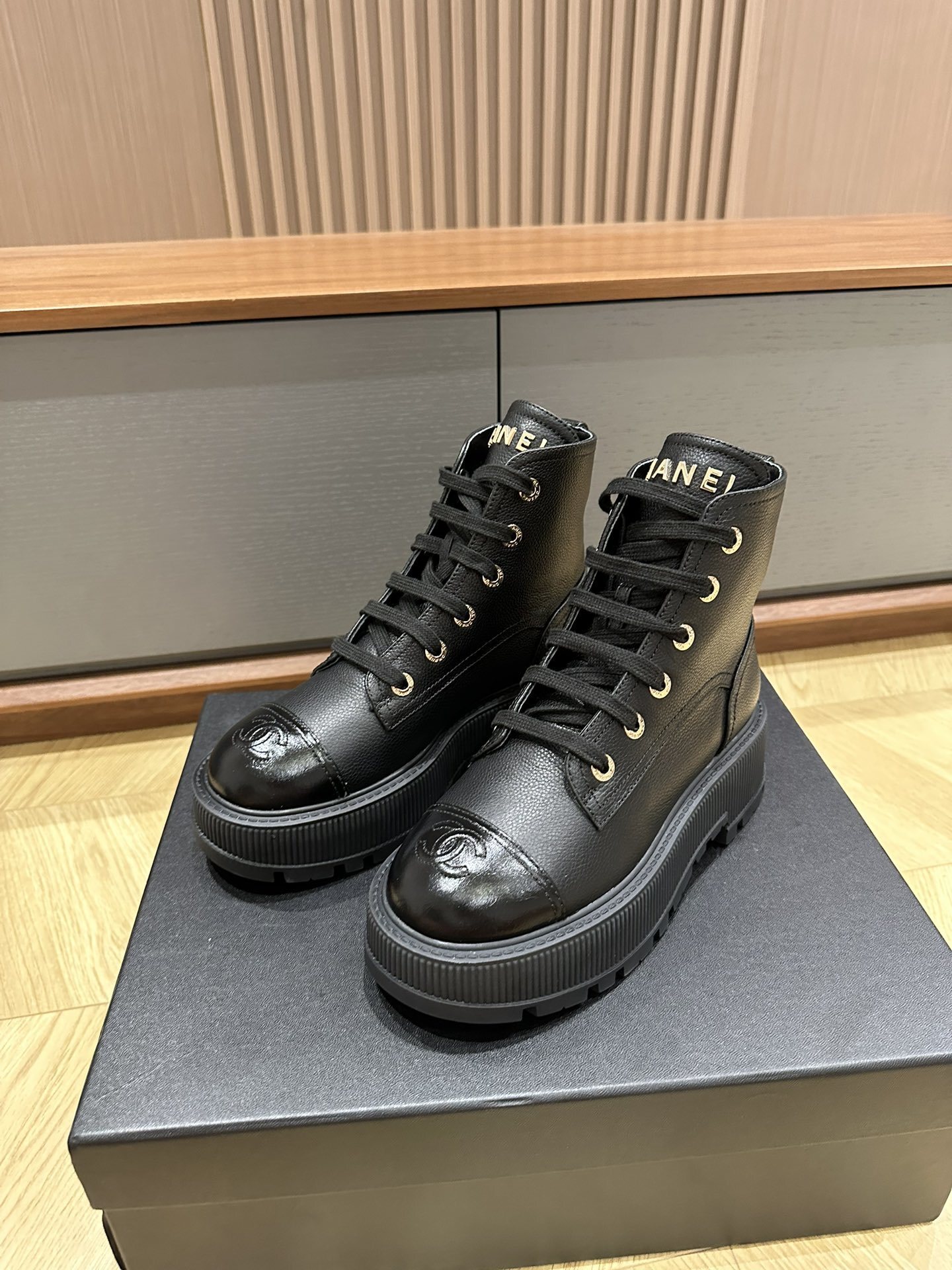 Chanel Black Leather Platform Combat Boots with CC Logo