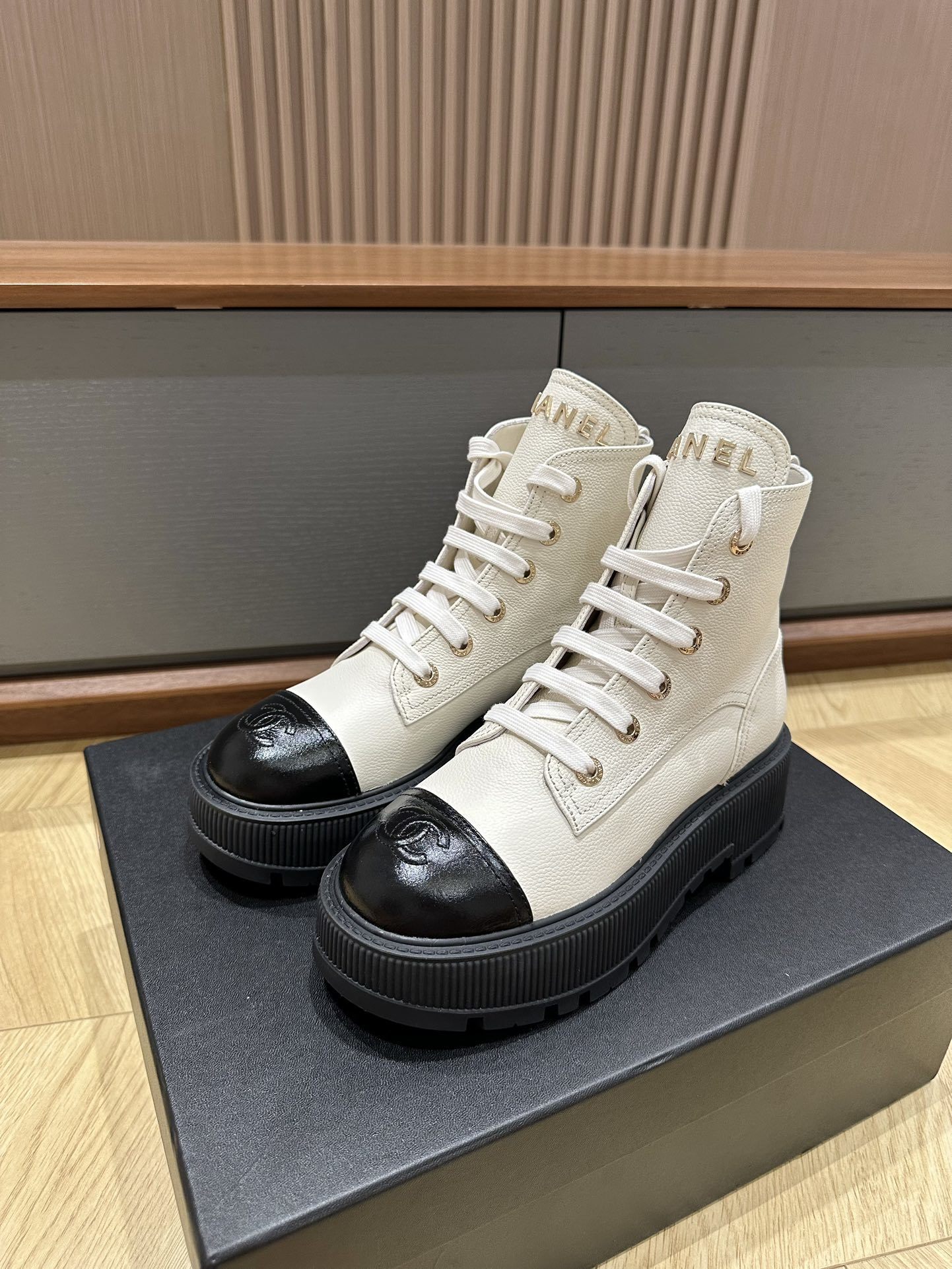 Chanel Two-Tone Ivory Leather Platform Ankle Boots