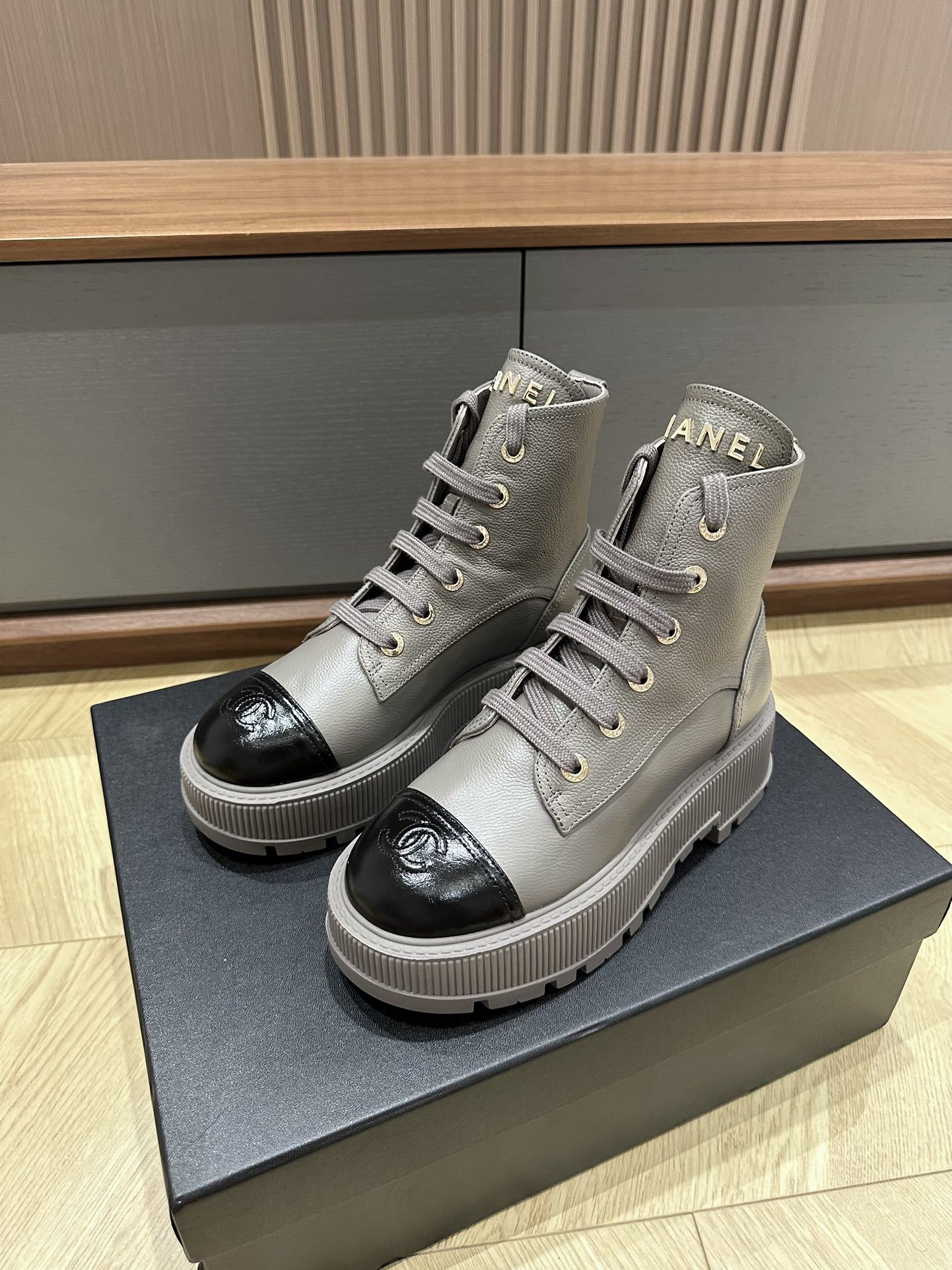 Chanel Grey Pebbled Leather Platform Lace-Up Boots with CC Logo