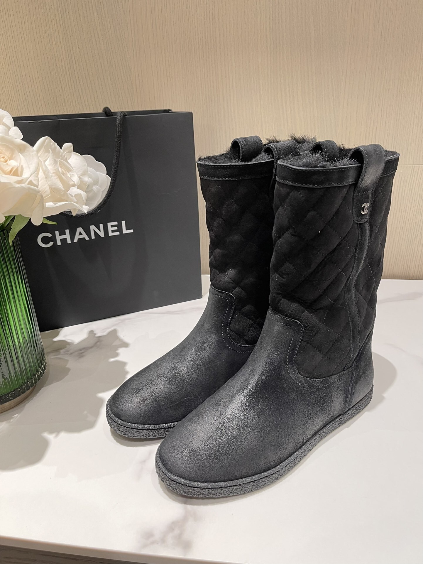 Chanel Black Quilted Suede Fur-Lined Winter Boots with CC Logo
