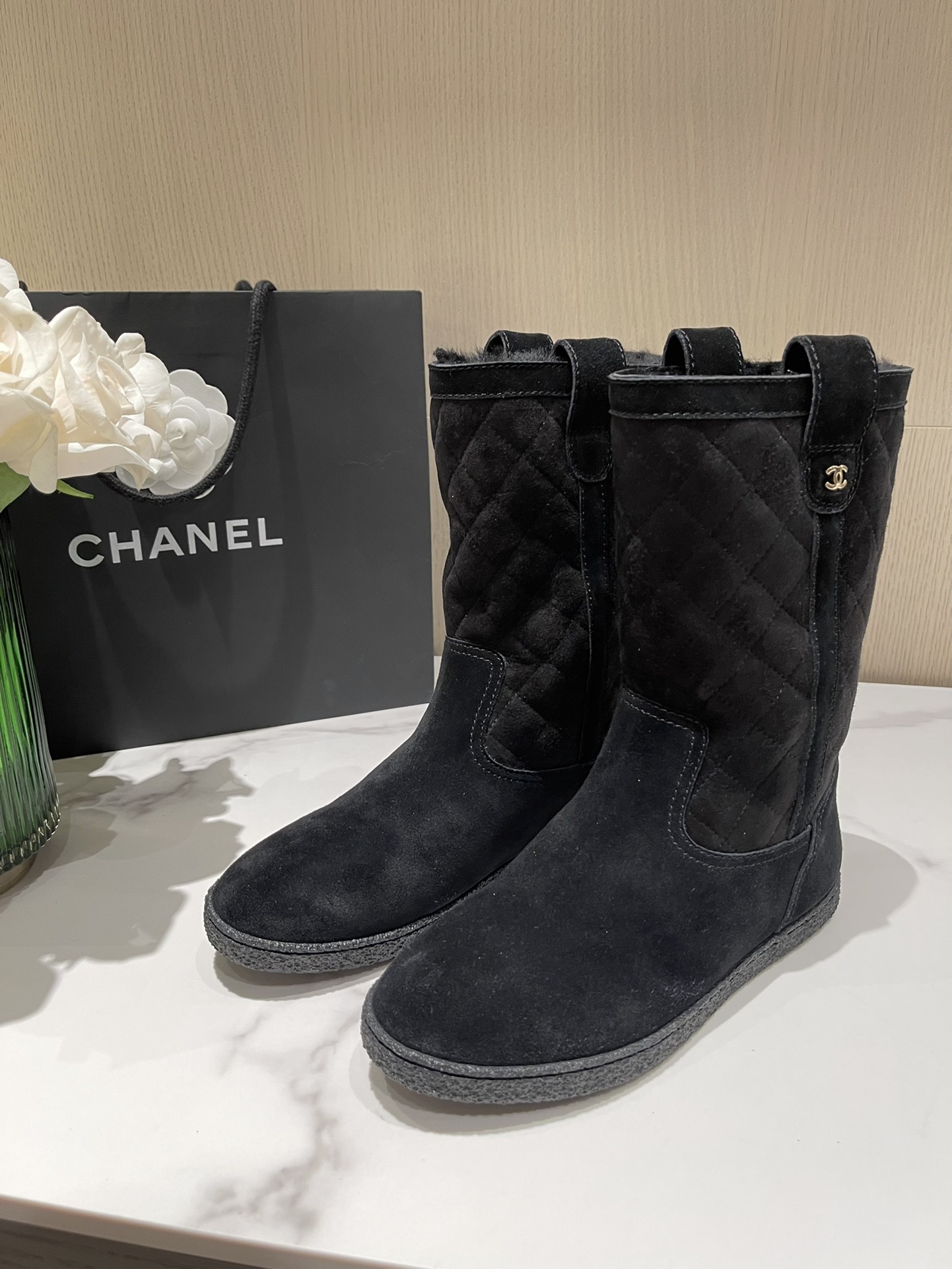 Chanel Black Quilted Suede Shearling Lined Mid-Calf Boots
