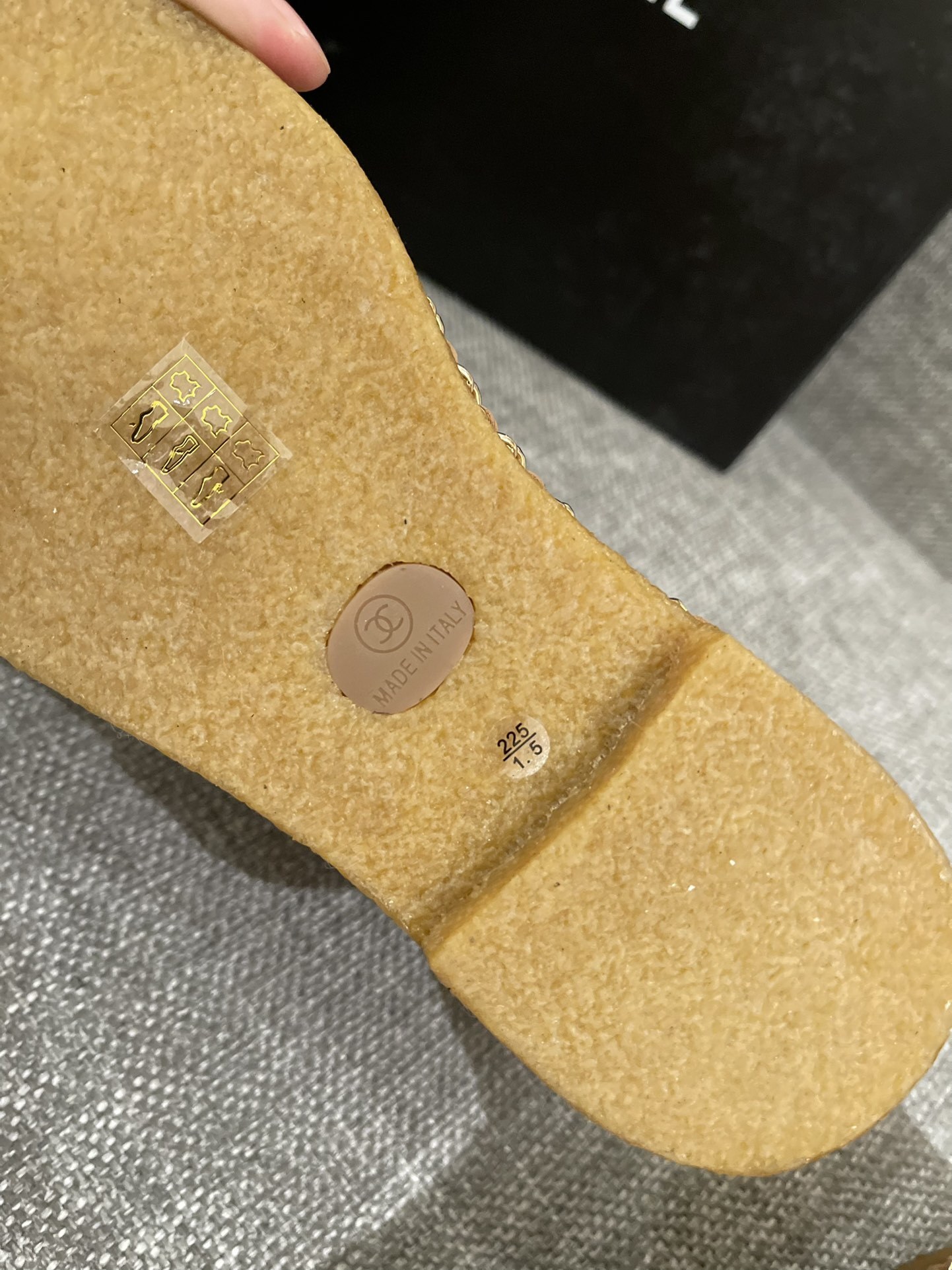 Pair of Chanel tan suede ankle boots with white shearling lining, black cap-toe, and gold chain sole detail. - Hình 7