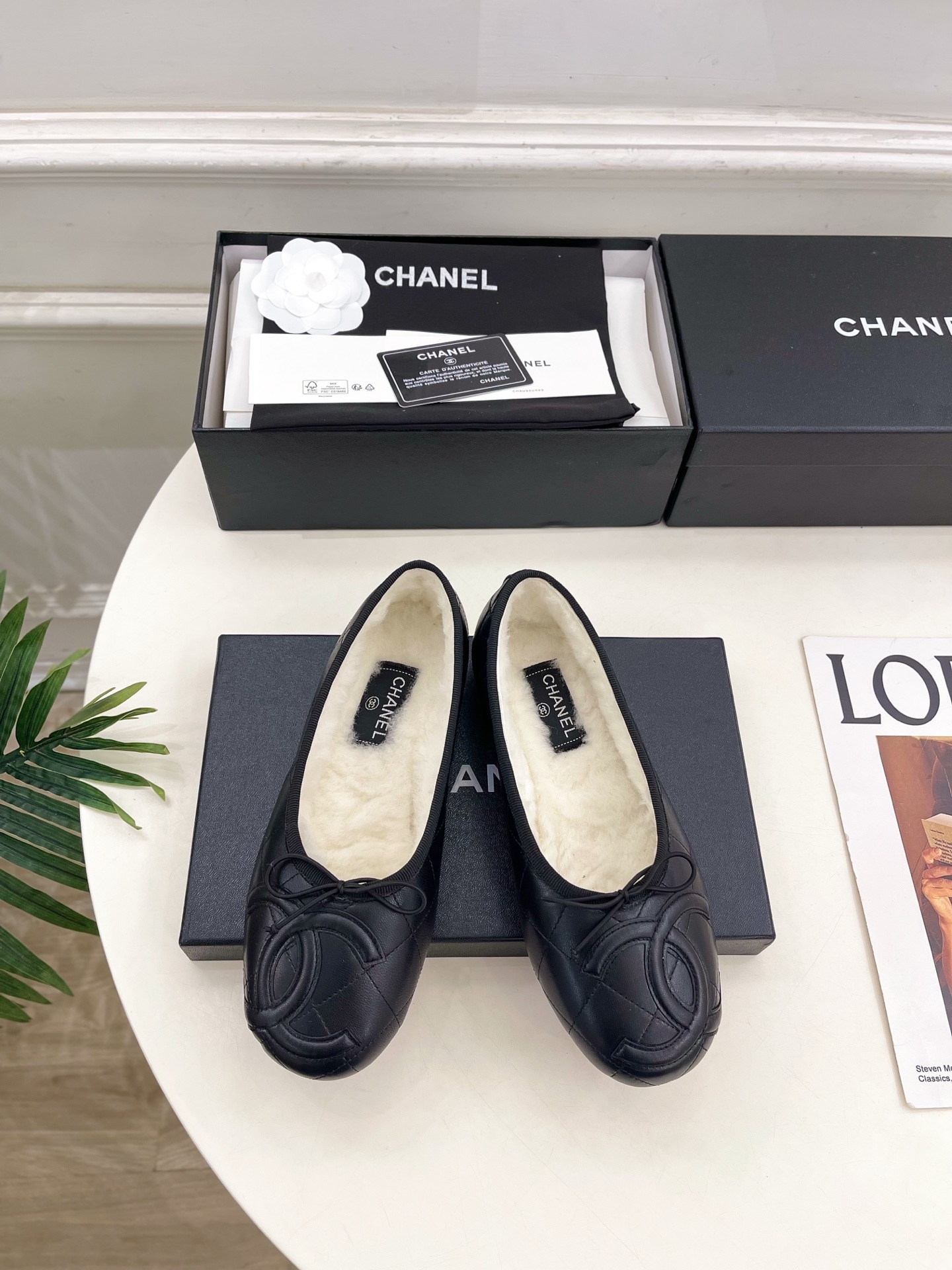 Chanel Black Quilted Leather Ballet Flats with Shearling Lining