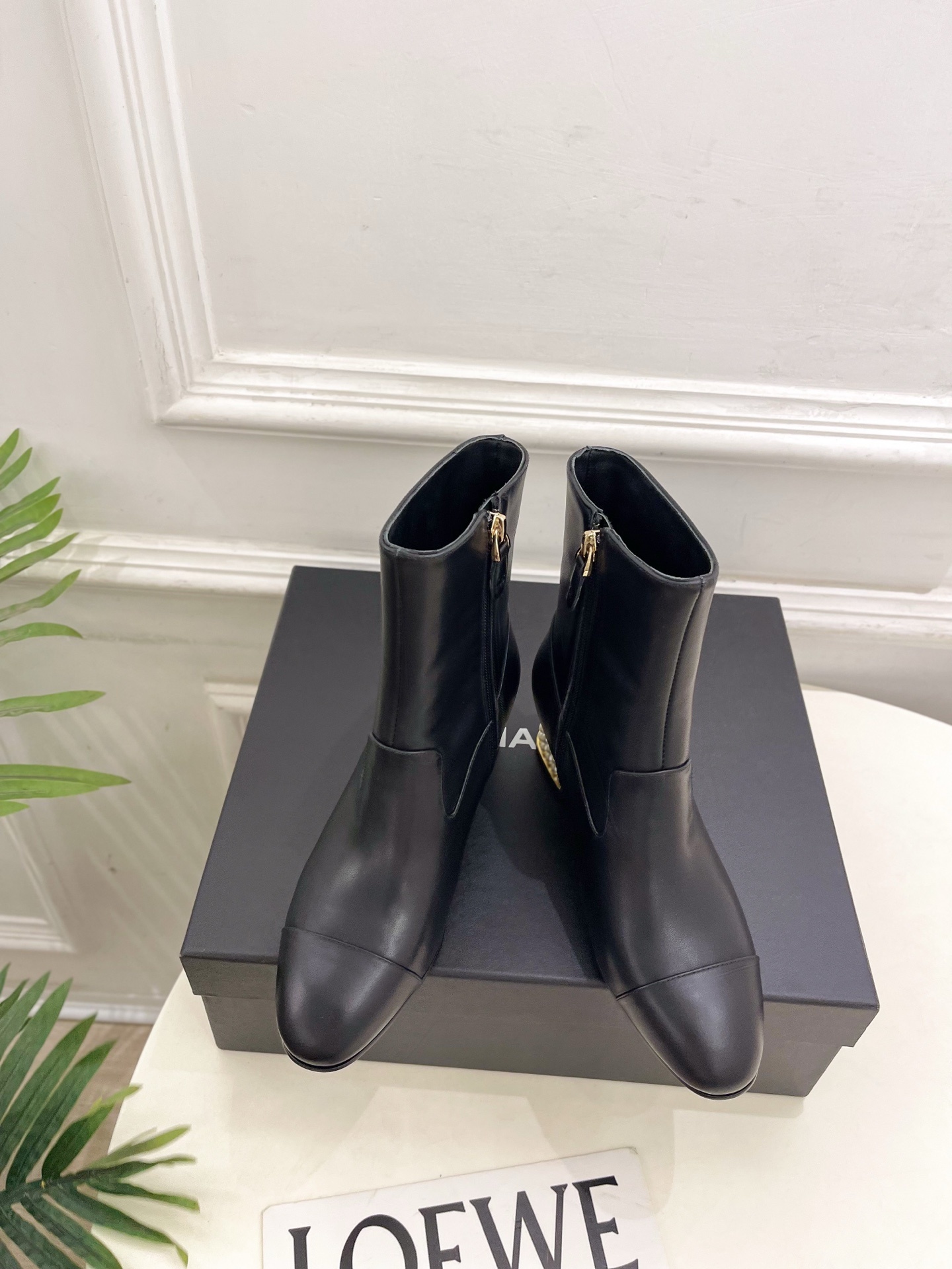 Luxury Black Leather Ankle Boots with Pearl Block Heel