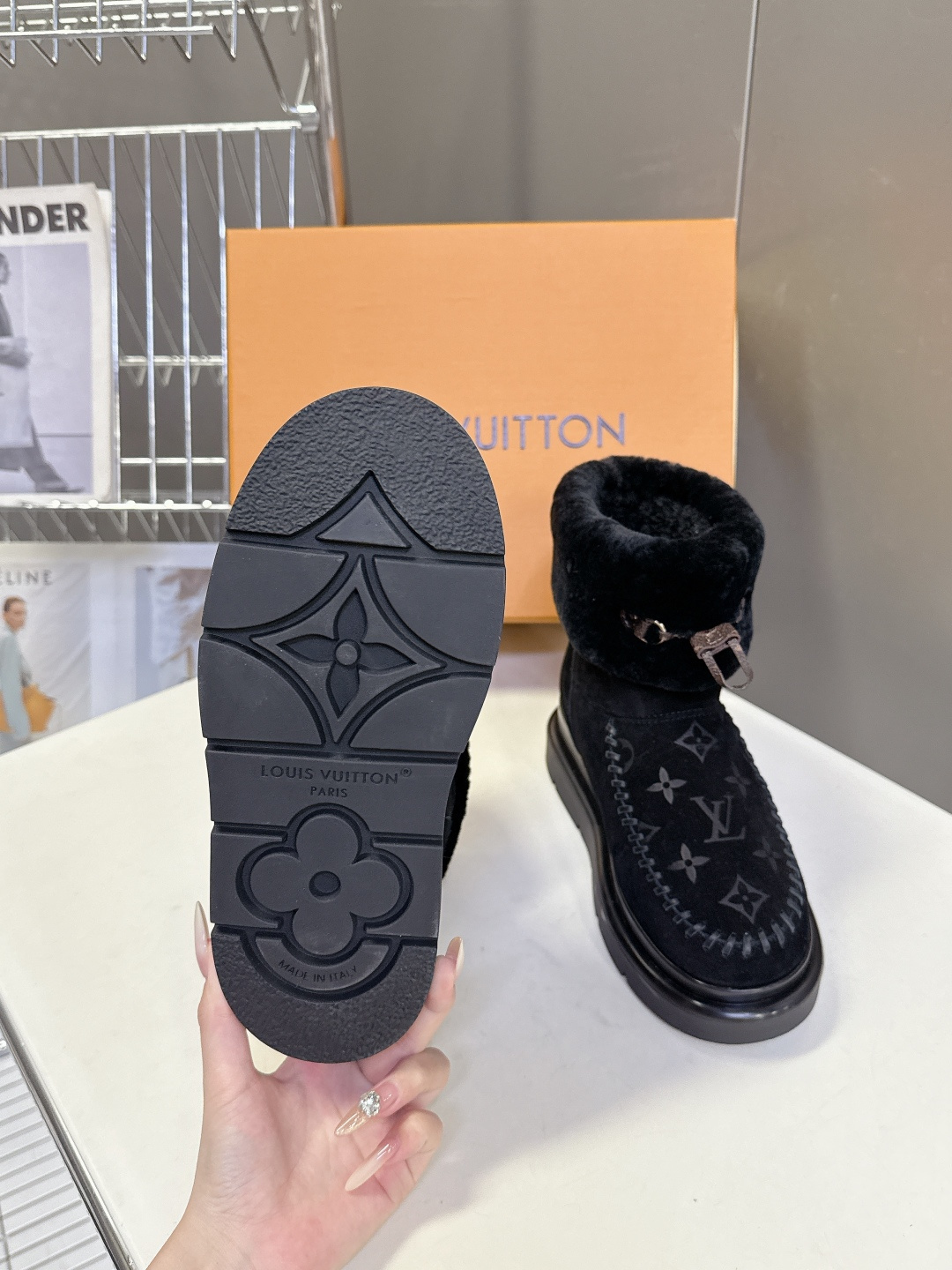 Louis Vuitton Black Monogram Shearling Suede Winter Boots