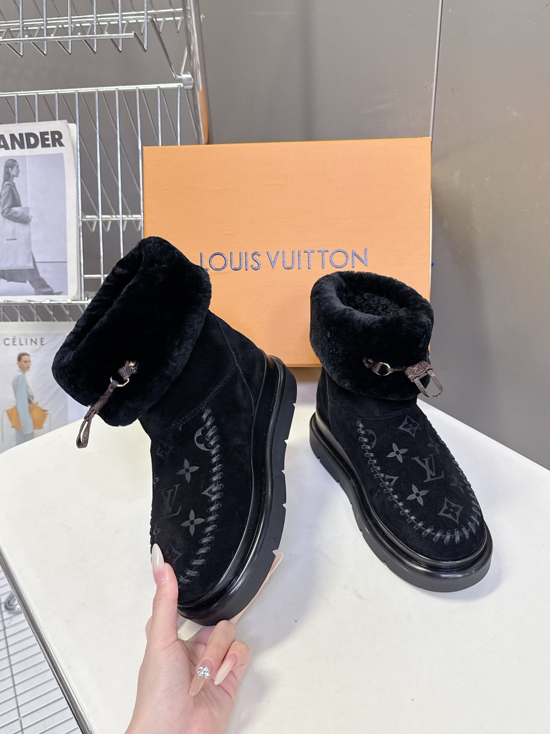 Louis Vuitton Black Monogram Shearling Suede Winter Boots