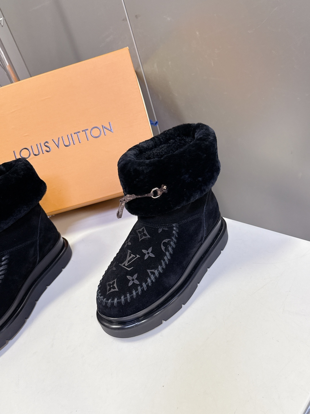 Louis Vuitton Black Monogram Shearling Suede Winter Boots
