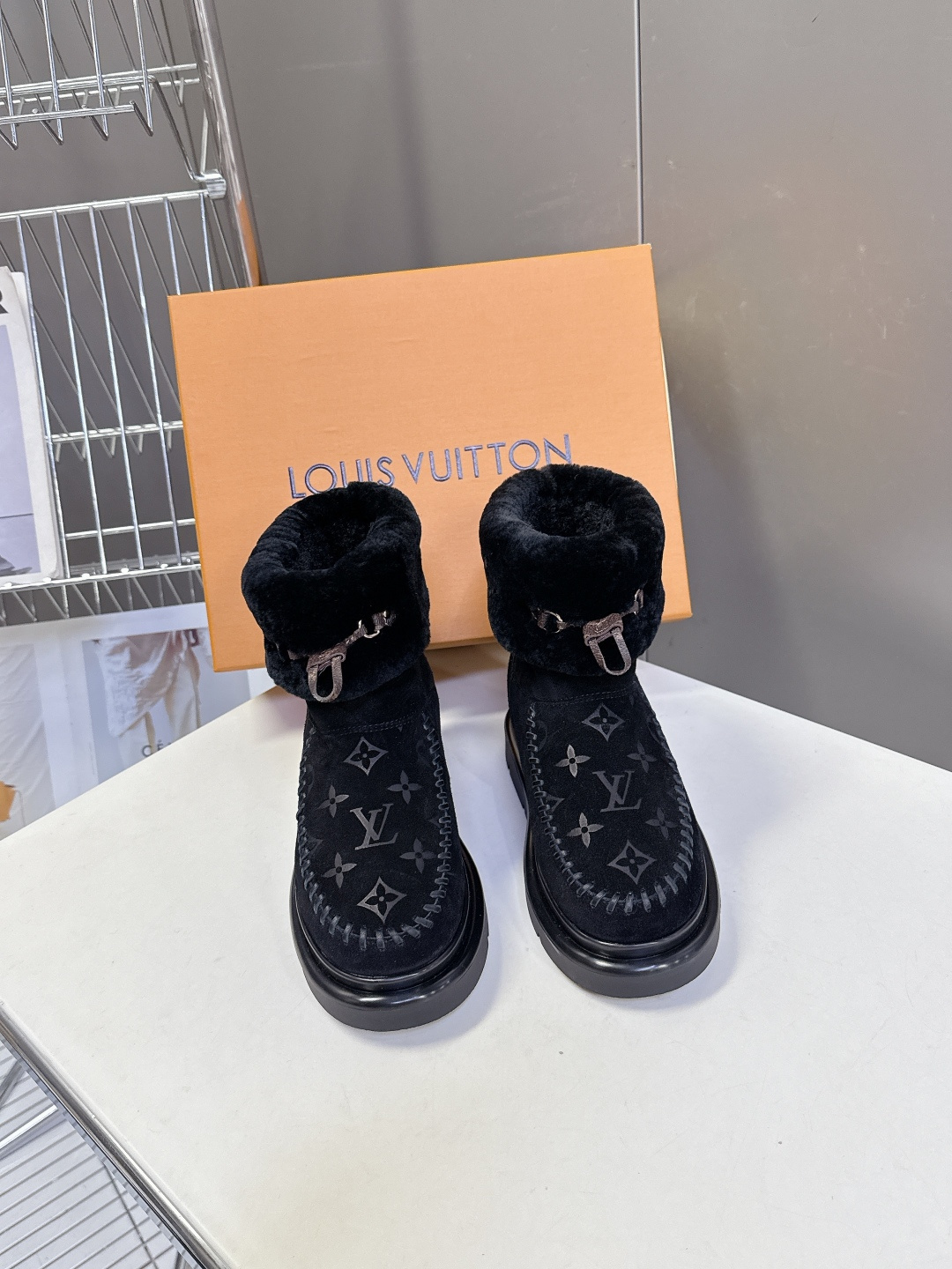 Louis Vuitton Black Monogram Shearling Suede Winter Boots
