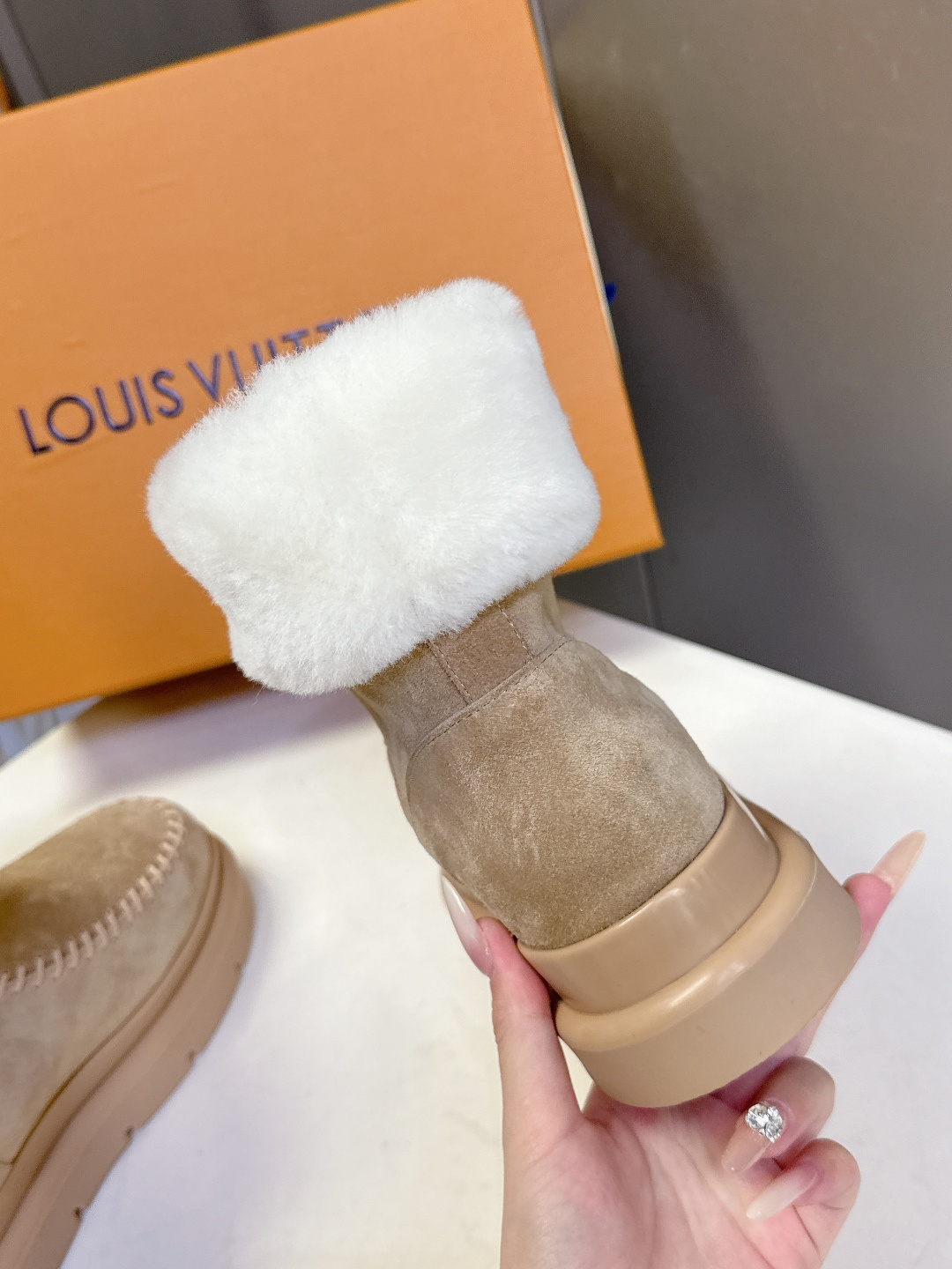 Louis Vuitton Monogram Suede Shearling Ankle Boots - Beige