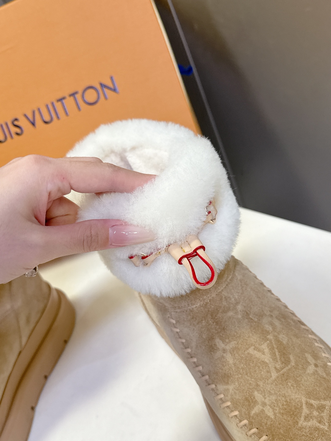 Louis Vuitton Monogram Suede Shearling Ankle Boots - Beige