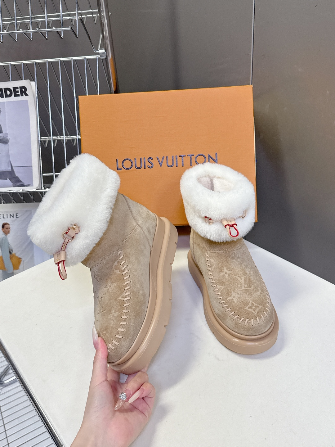 Louis Vuitton Monogram Suede Shearling Ankle Boots - Beige