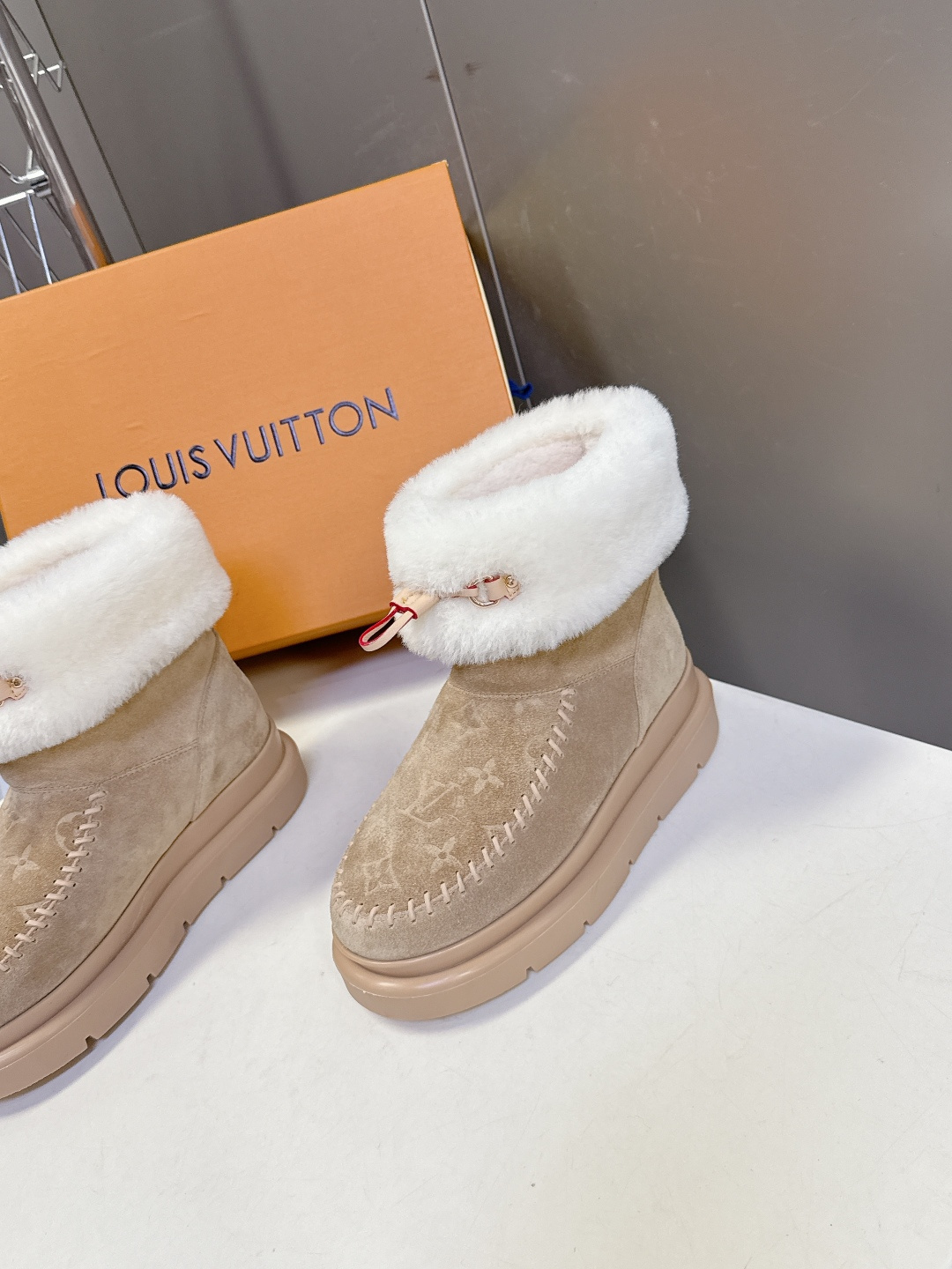 Louis Vuitton Monogram Suede Shearling Ankle Boots - Beige
