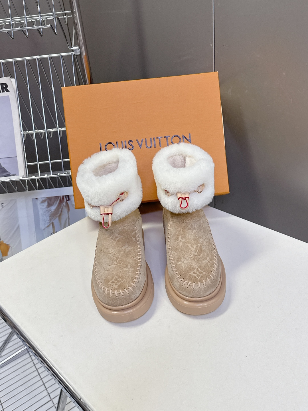 Louis Vuitton Monogram Suede Shearling Ankle Boots – Beige