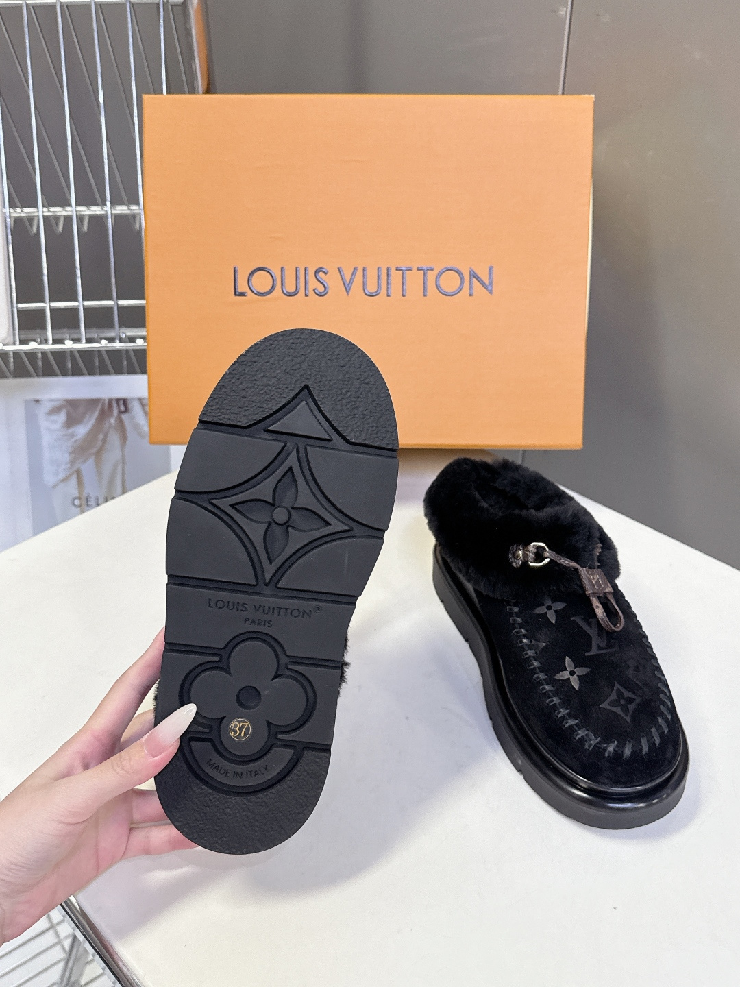 Louis Vuitton Monogram Shearling Loafers - Black Suede Fur Mules