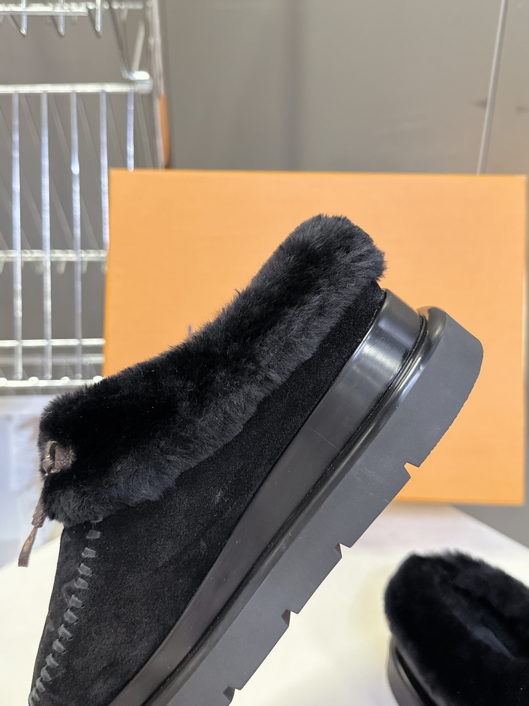 Louis Vuitton Monogram Shearling Loafers - Black Suede Fur Mules