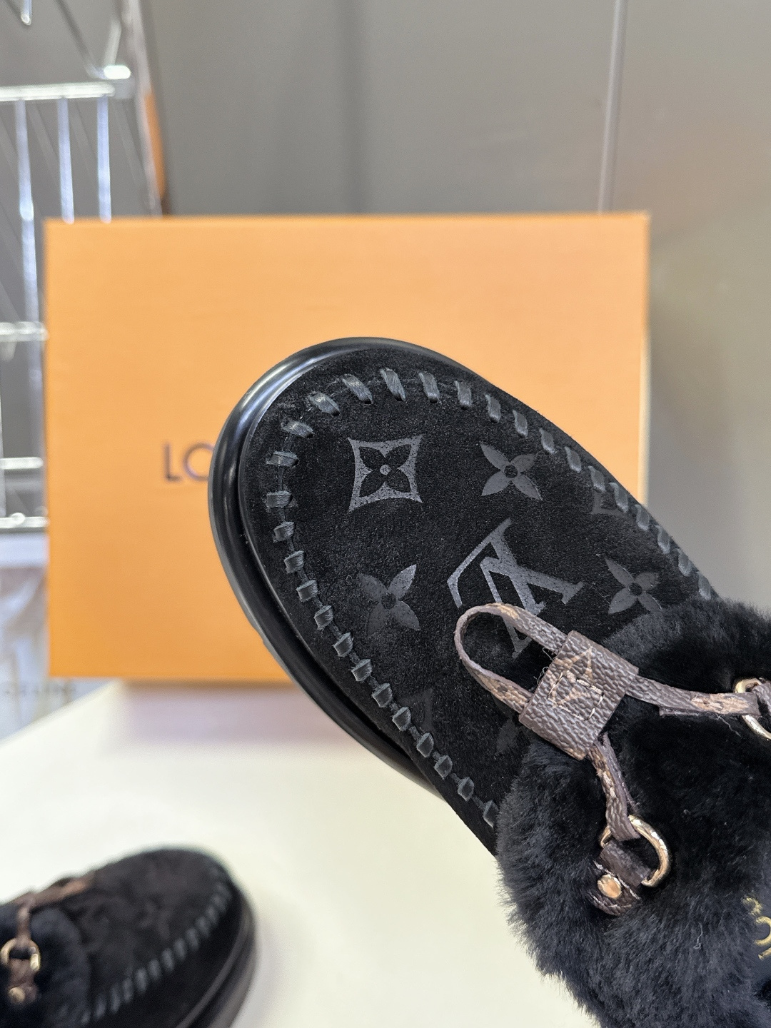 Louis Vuitton Monogram Shearling Loafers - Black Suede Fur Mules