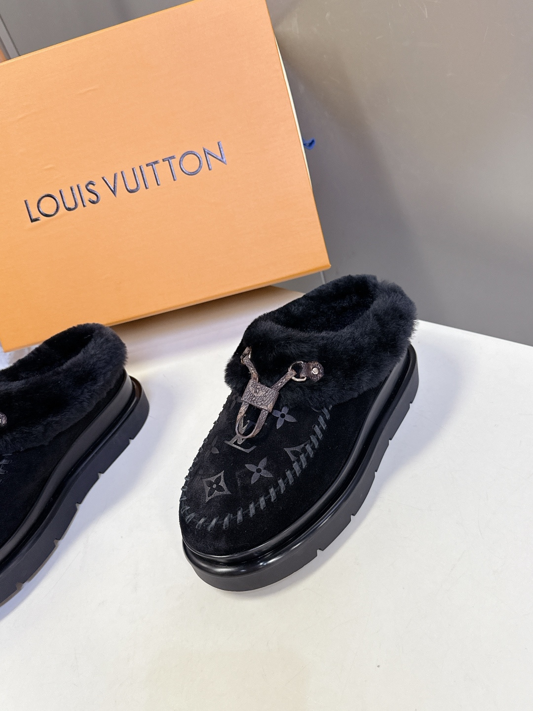 Louis Vuitton Monogram Shearling Loafers - Black Suede Fur Mules