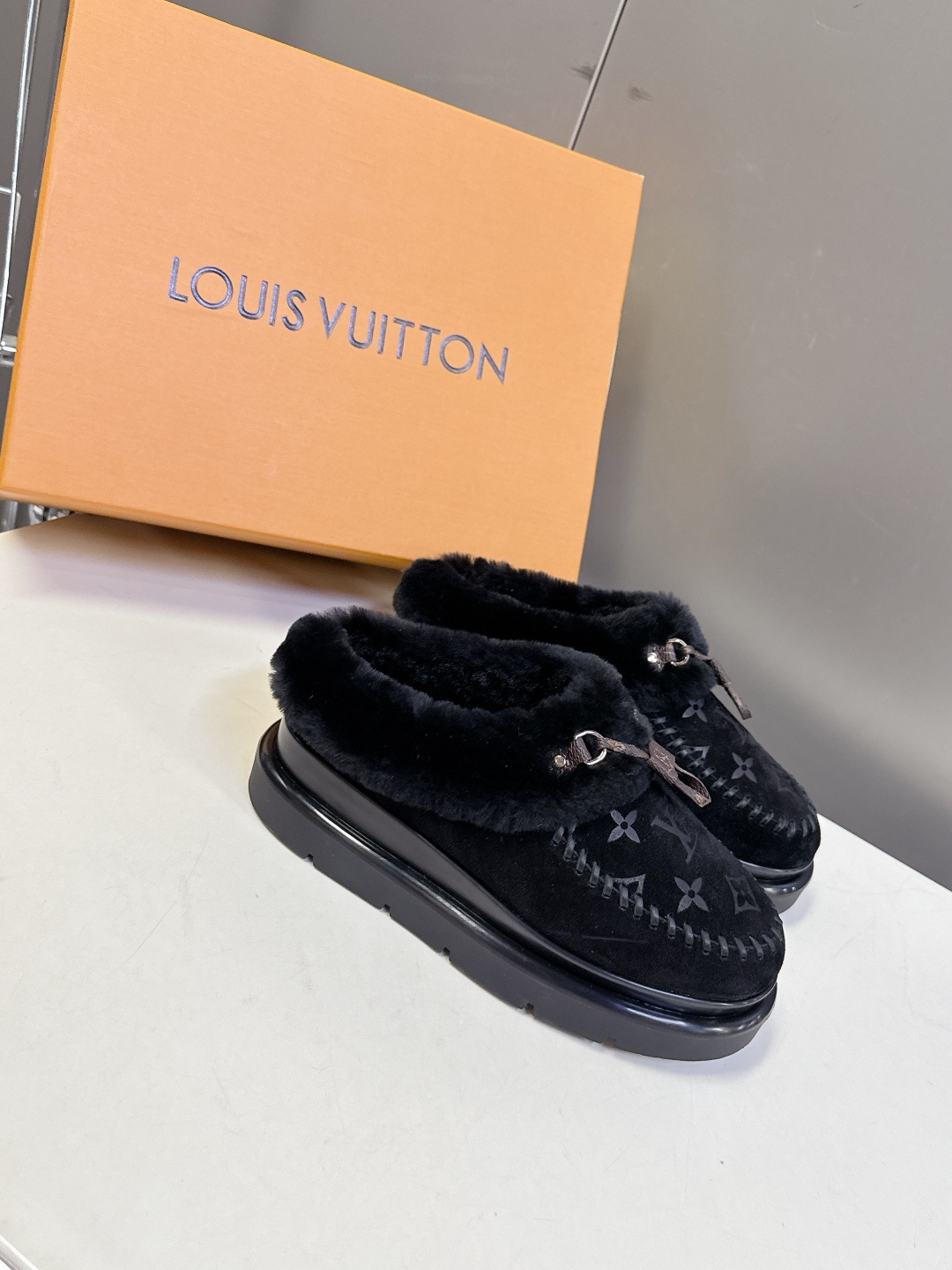 Louis Vuitton Monogram Shearling Loafers - Black Suede Fur Mules