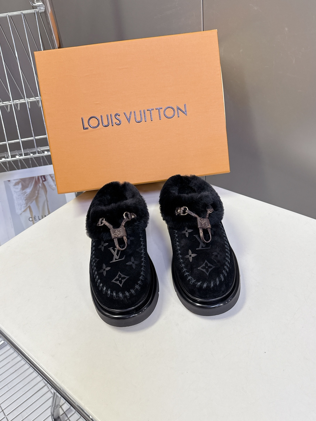 Louis Vuitton Monogram Shearling Loafers – Black Suede Fur Mules