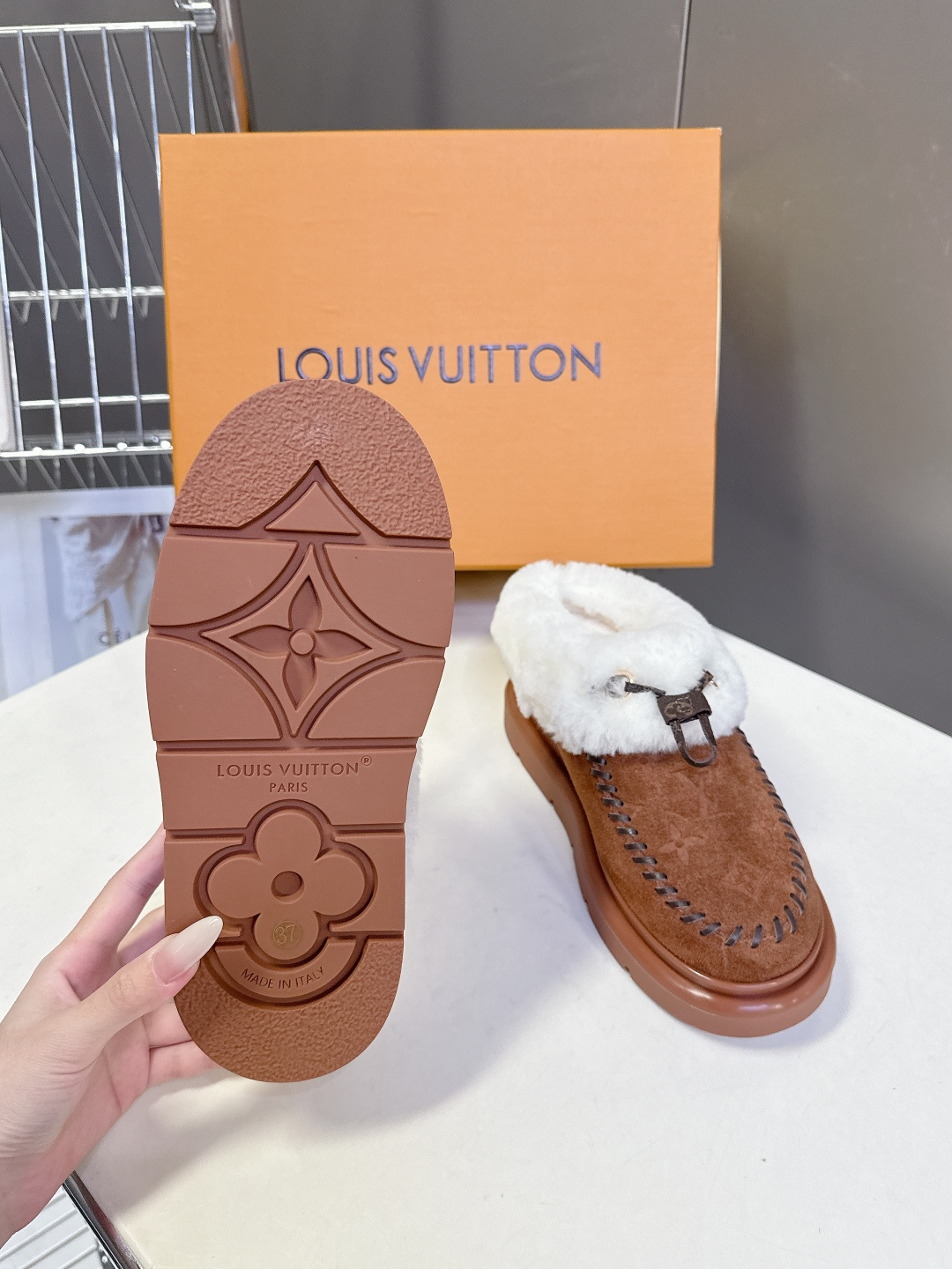 Louis Vuitton Brown Monogram Suede Mules with White Shearling Trim