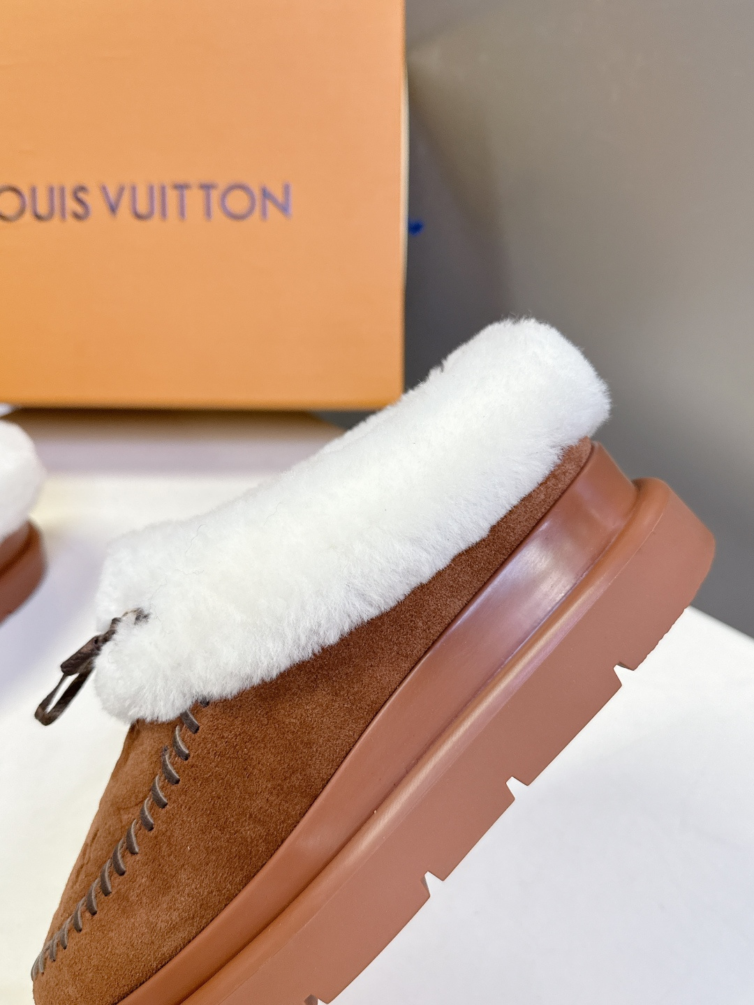Louis Vuitton Brown Monogram Suede Mules with White Shearling Trim