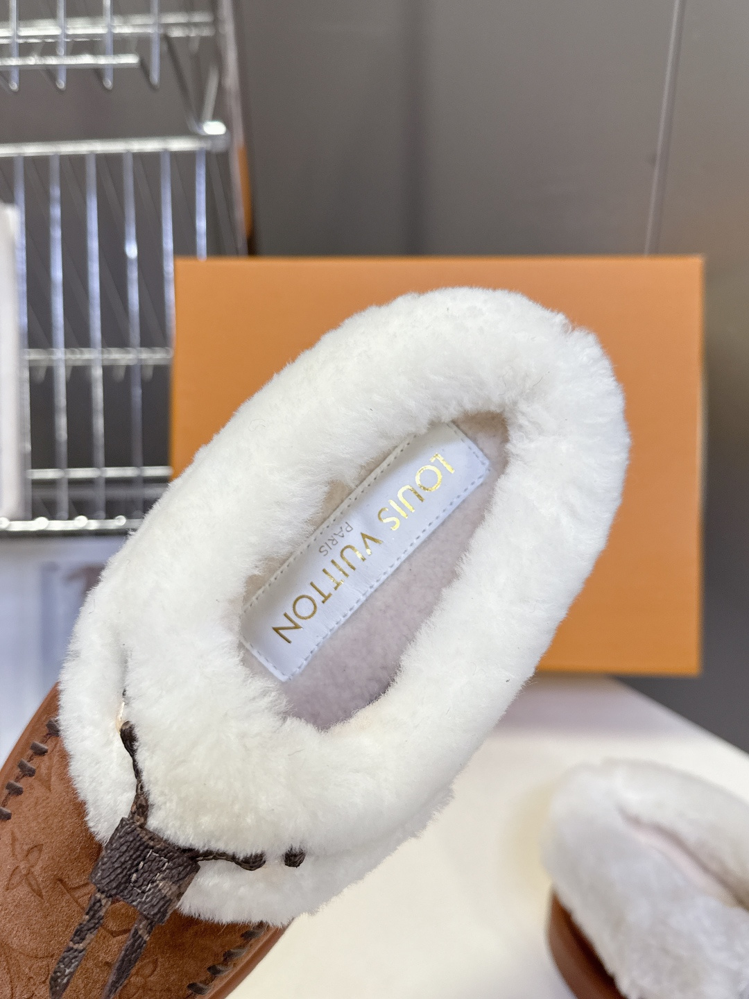 Louis Vuitton Brown Monogram Suede Mules with White Shearling Trim