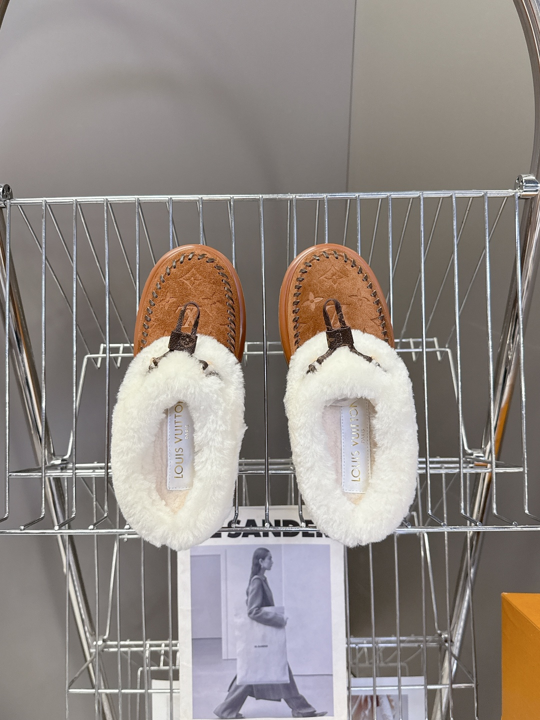 Louis Vuitton Brown Monogram Suede Mules with White Shearling Trim