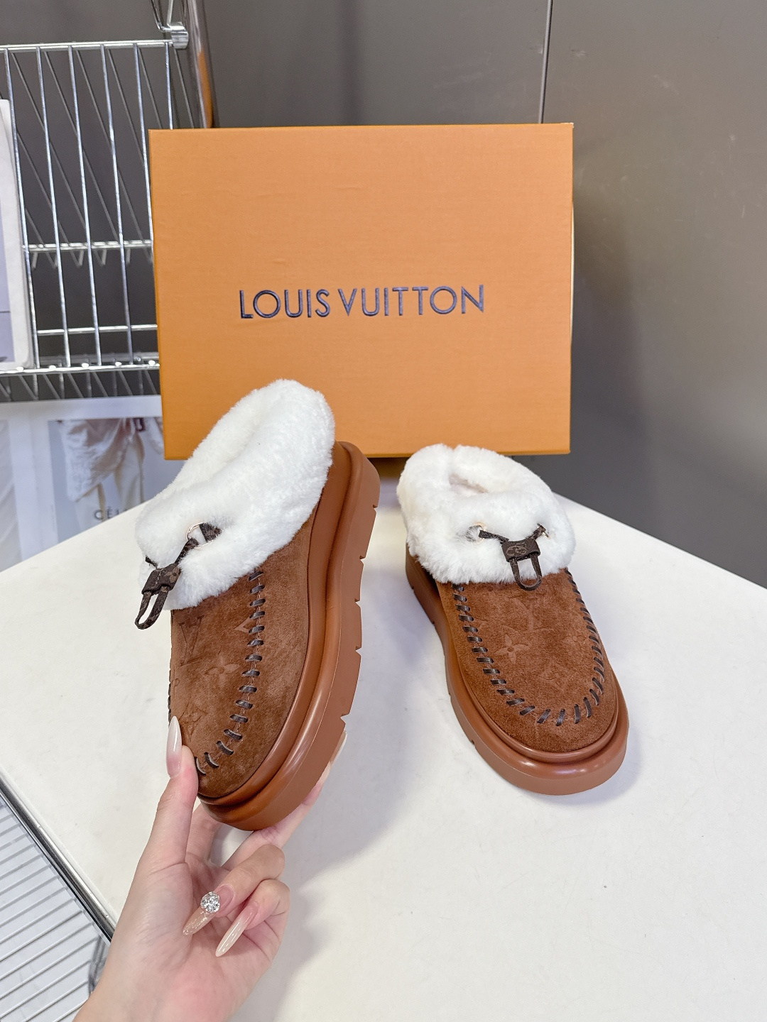 Louis Vuitton Brown Monogram Suede Mules with White Shearling Trim