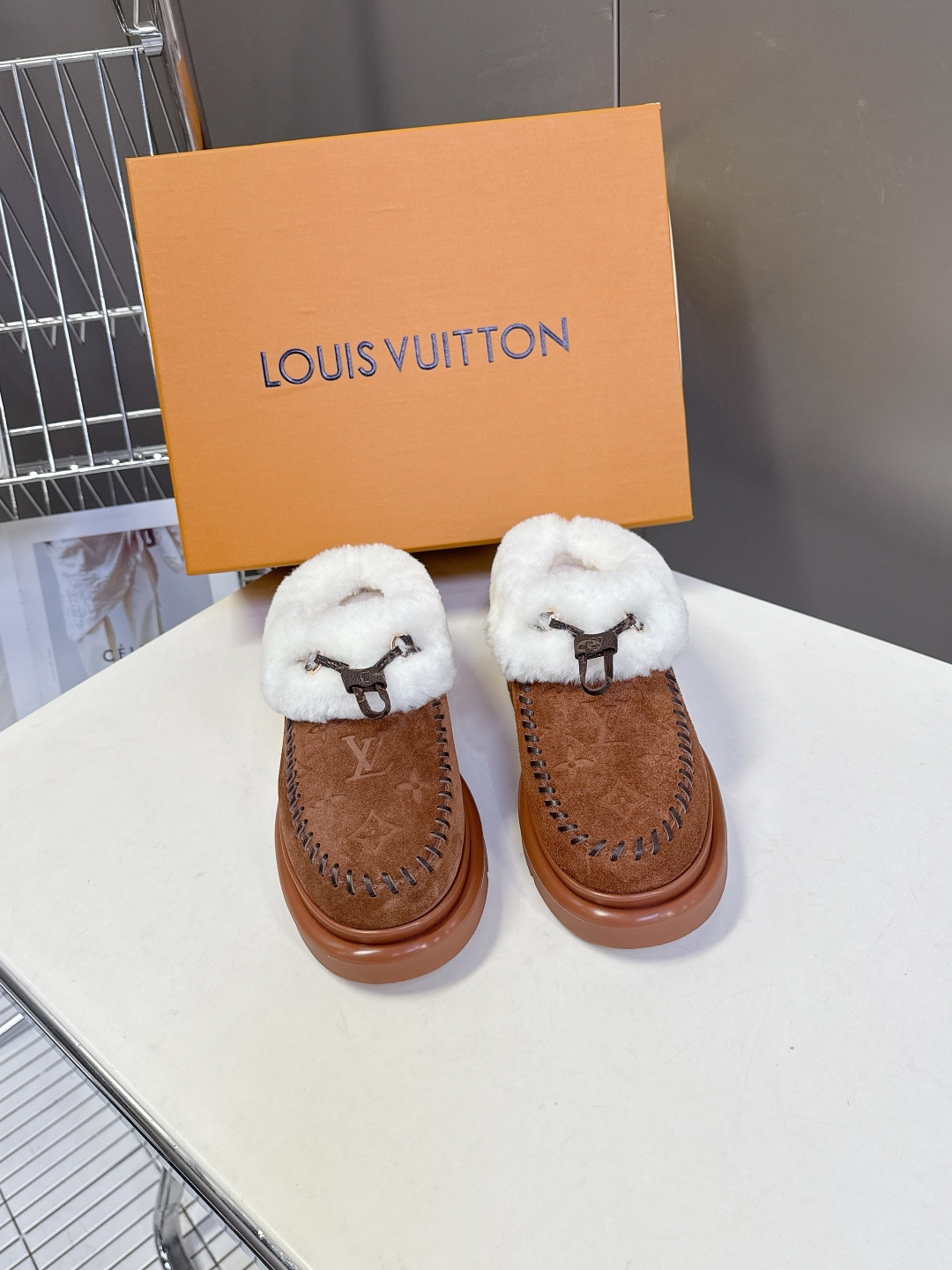 Louis Vuitton Brown Monogram Suede Mules with White Shearling Trim