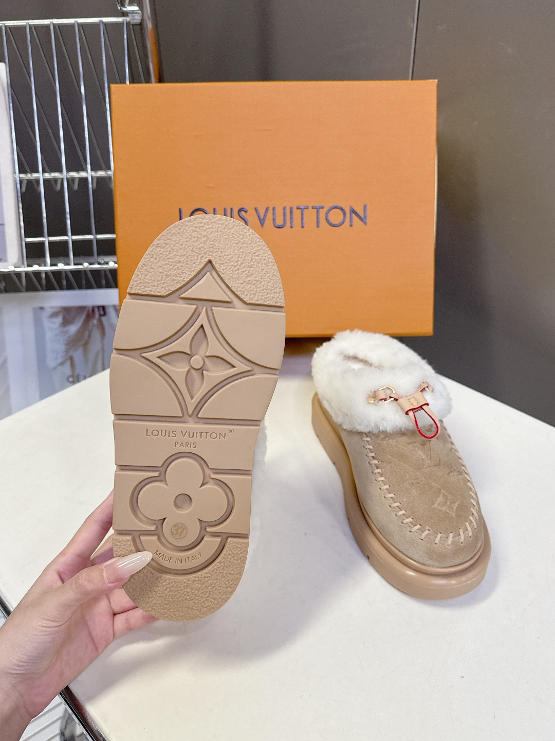 Louis Vuitton Monogram Suede Shearling Flat Comfort Mules