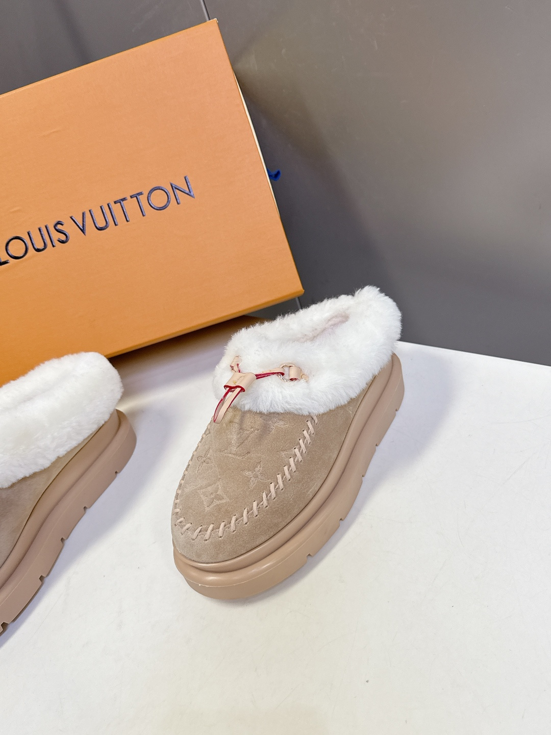 Louis Vuitton Monogram Suede Shearling Flat Comfort Mules