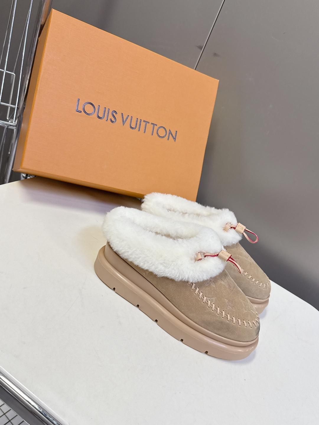 Louis Vuitton Monogram Suede Shearling Flat Comfort Mules