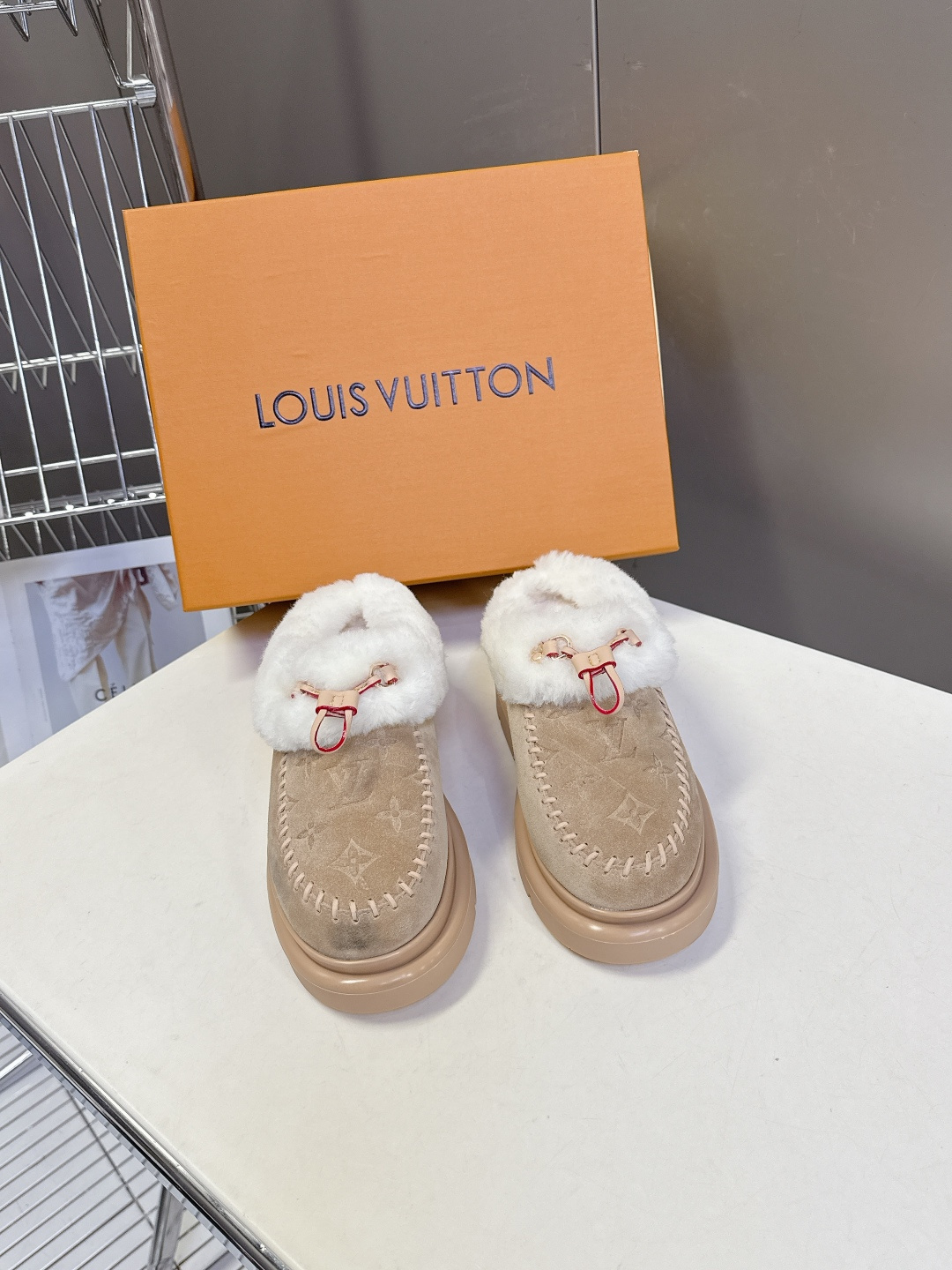 Louis Vuitton Monogram Suede Shearling Flat Comfort Mules