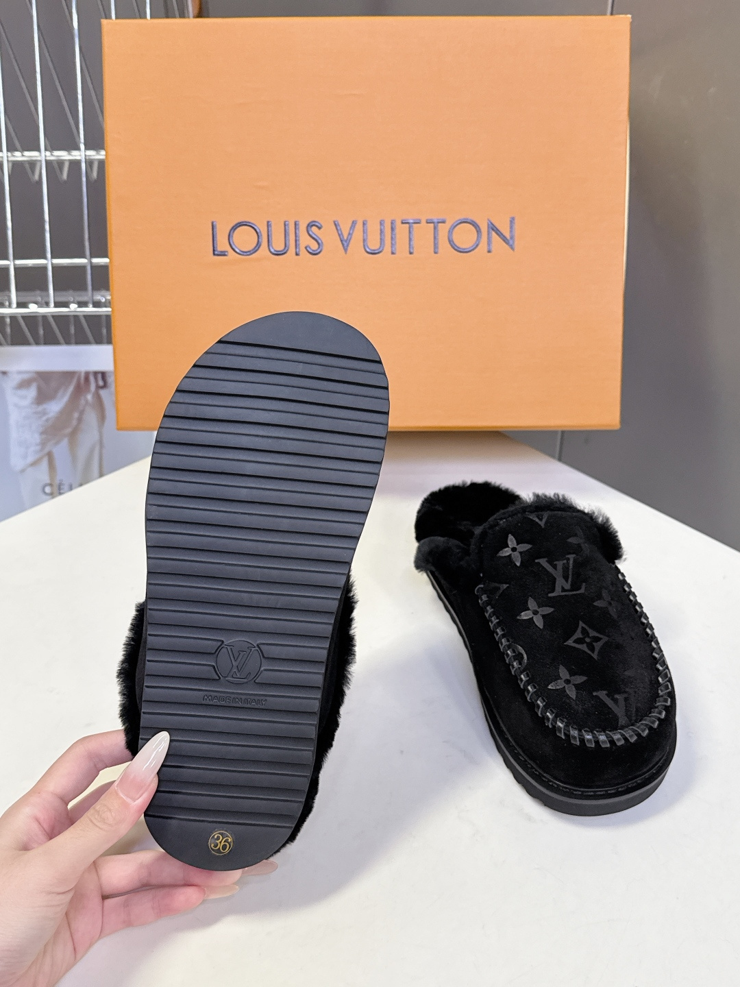 Louis Vuitton Black Monogram Shearling Joy Moccasin Slippers