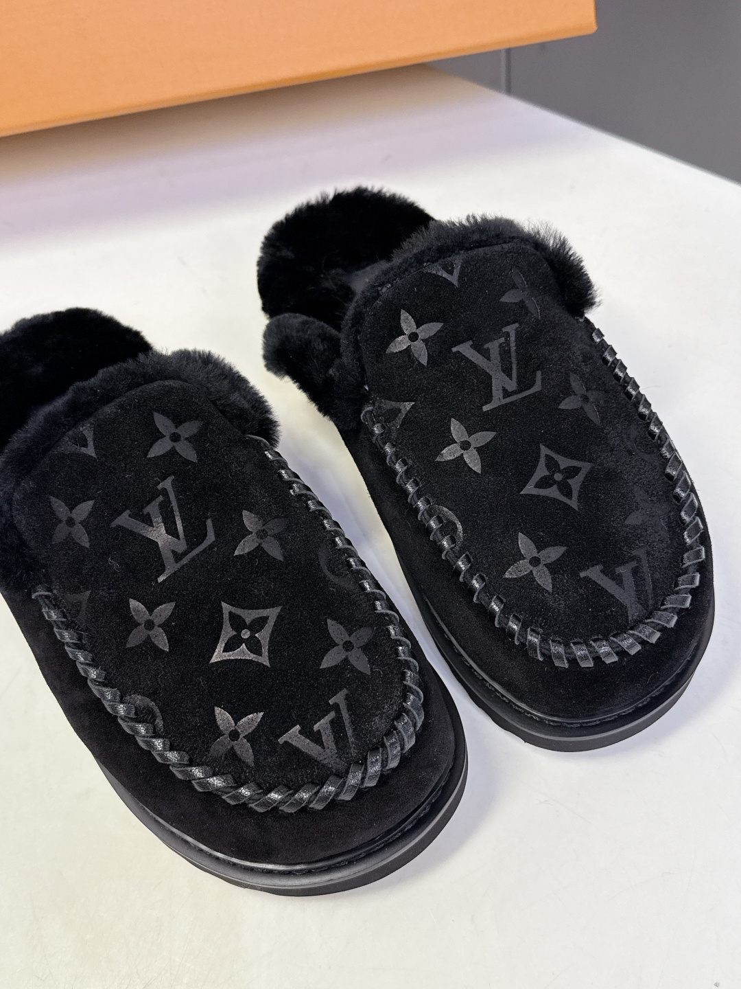 Louis Vuitton Black Monogram Shearling Joy Moccasin Slippers
