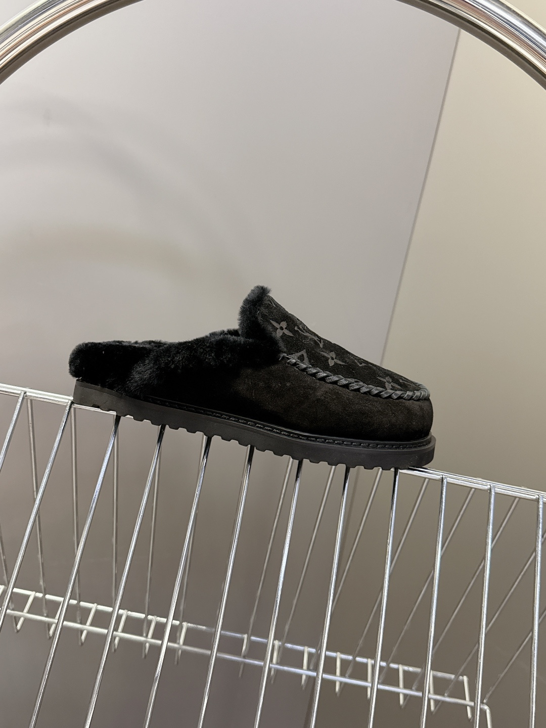 Louis Vuitton Black Monogram Shearling Joy Moccasin Slippers