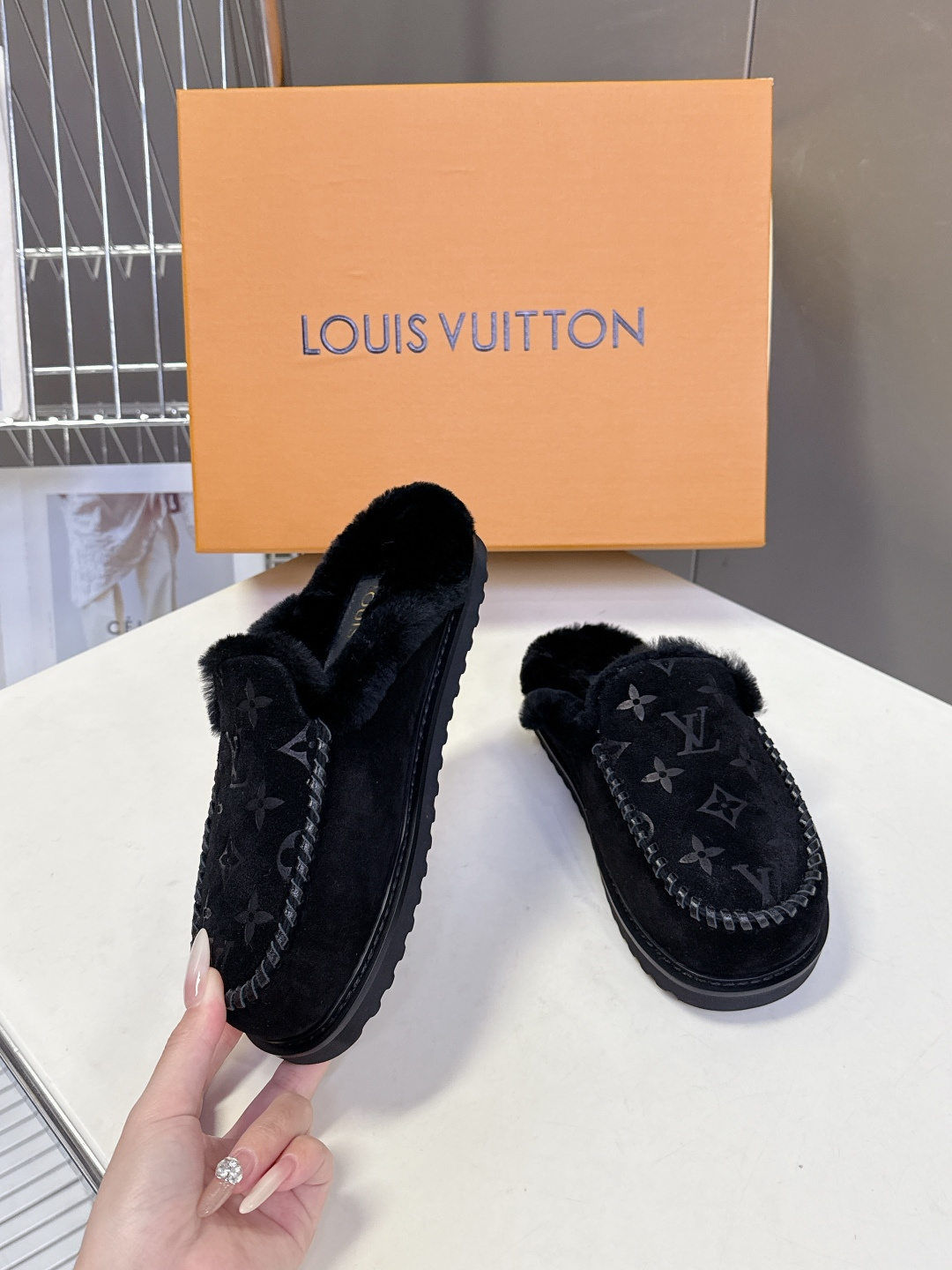 Louis Vuitton Black Monogram Shearling Joy Moccasin Slippers
