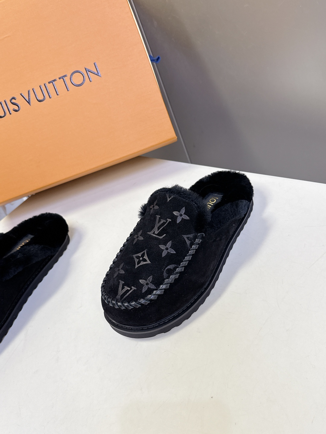 Louis Vuitton Black Monogram Shearling Joy Moccasin Slippers