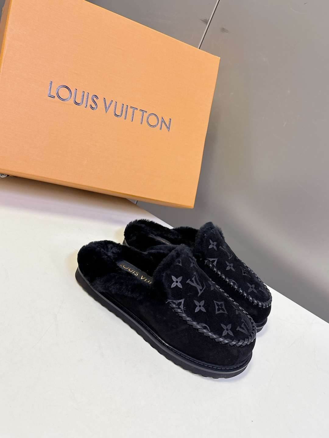 Louis Vuitton Black Monogram Shearling Joy Moccasin Slippers