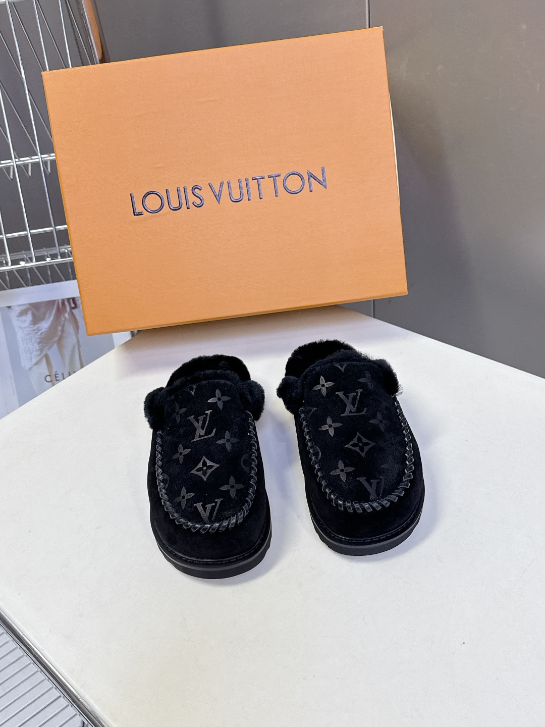Louis Vuitton Black Monogram Shearling Joy Moccasin Slippers