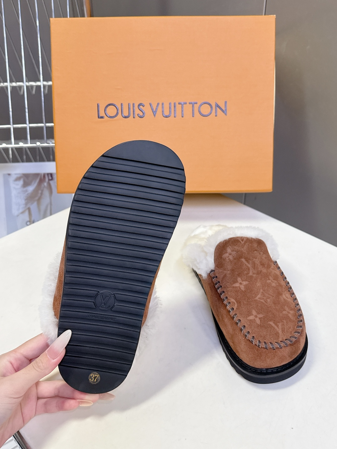 Louis Vuitton Monogram Brown Suede Slippers with Shearling Trim