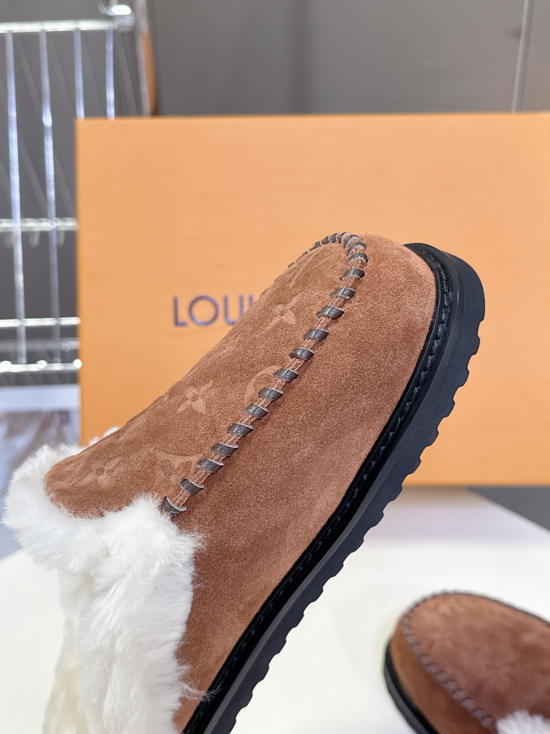Louis Vuitton Monogram Brown Suede Slippers with Shearling Trim
