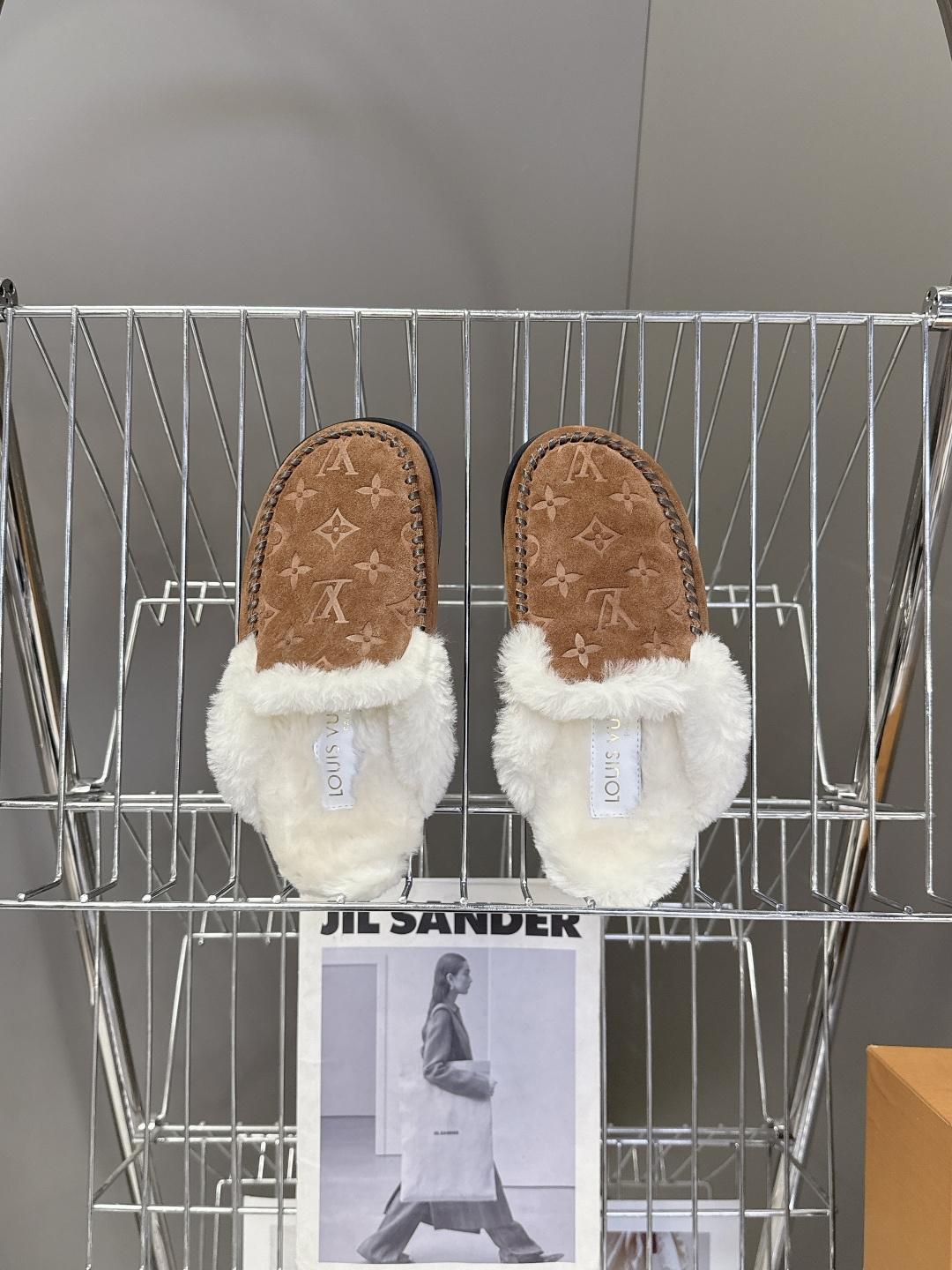Louis Vuitton Monogram Brown Suede Slippers with Shearling Trim
