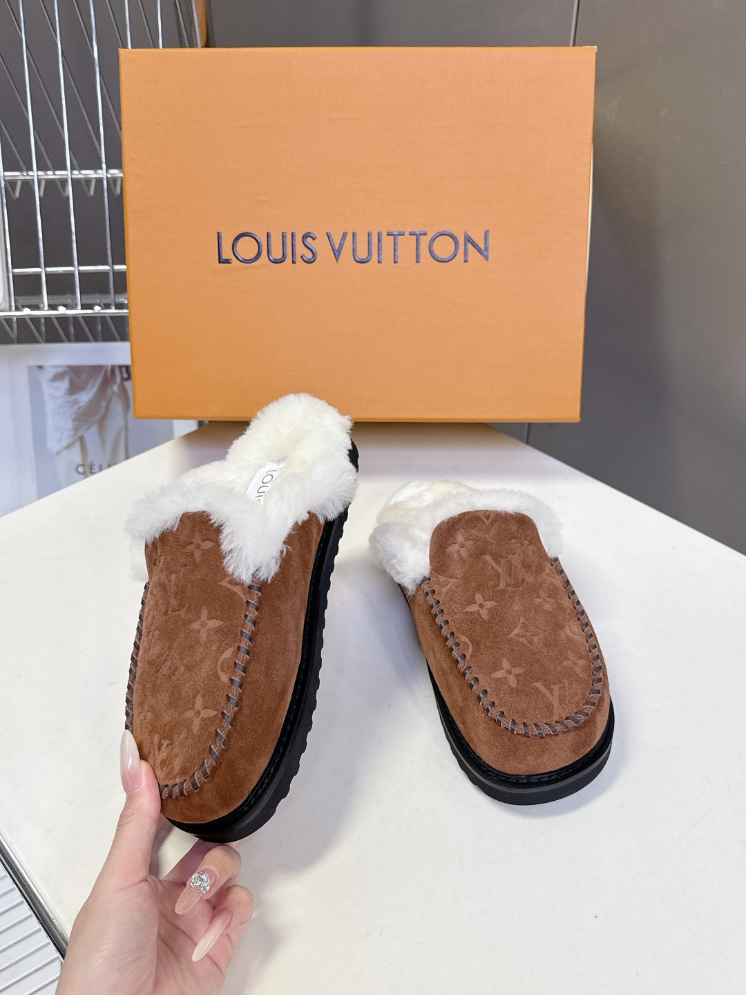 Louis Vuitton Monogram Brown Suede Slippers with Shearling Trim
