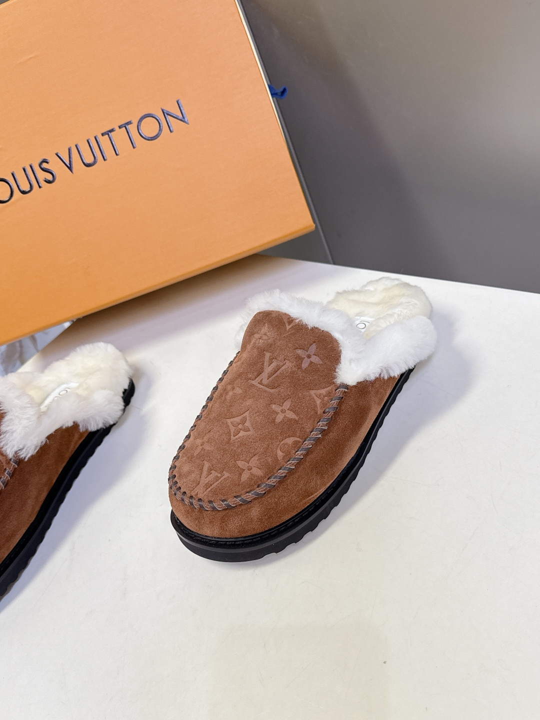 Louis Vuitton Monogram Brown Suede Slippers with Shearling Trim