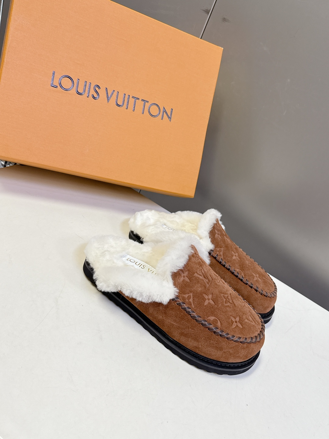 Louis Vuitton Monogram Brown Suede Slippers with Shearling Trim