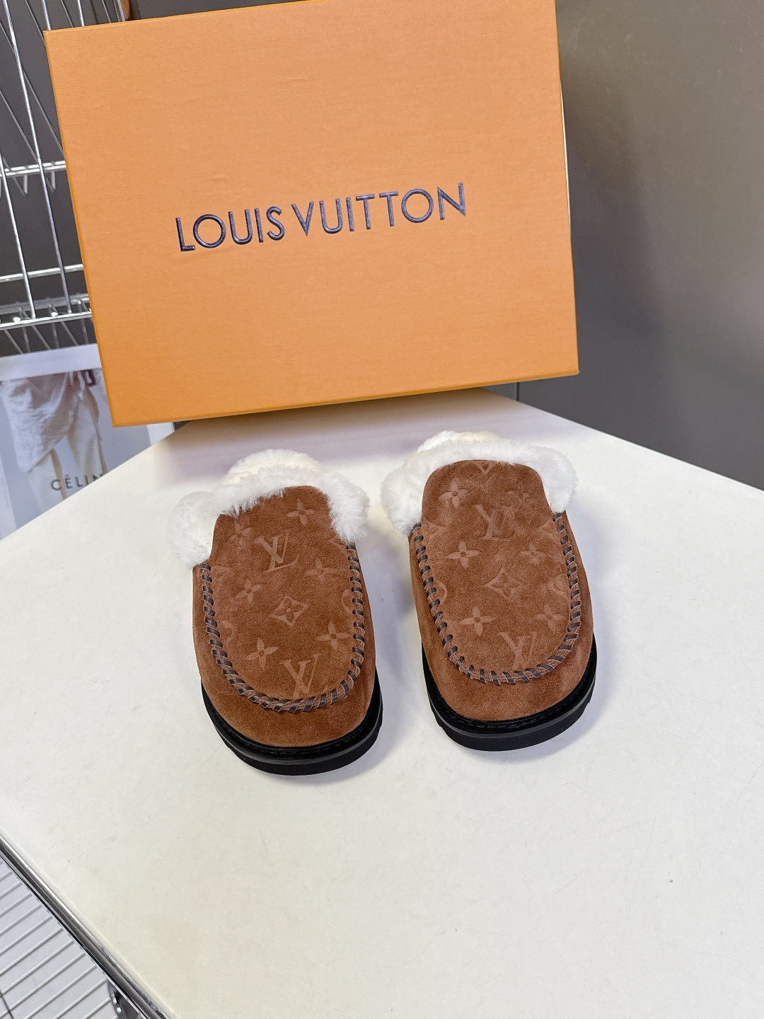 Louis Vuitton Monogram Brown Suede Slippers with Shearling Trim