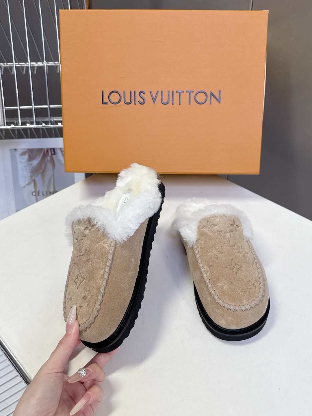 Louis Vuitton Monogram Shearling Suede Slippers - Luxury Mules